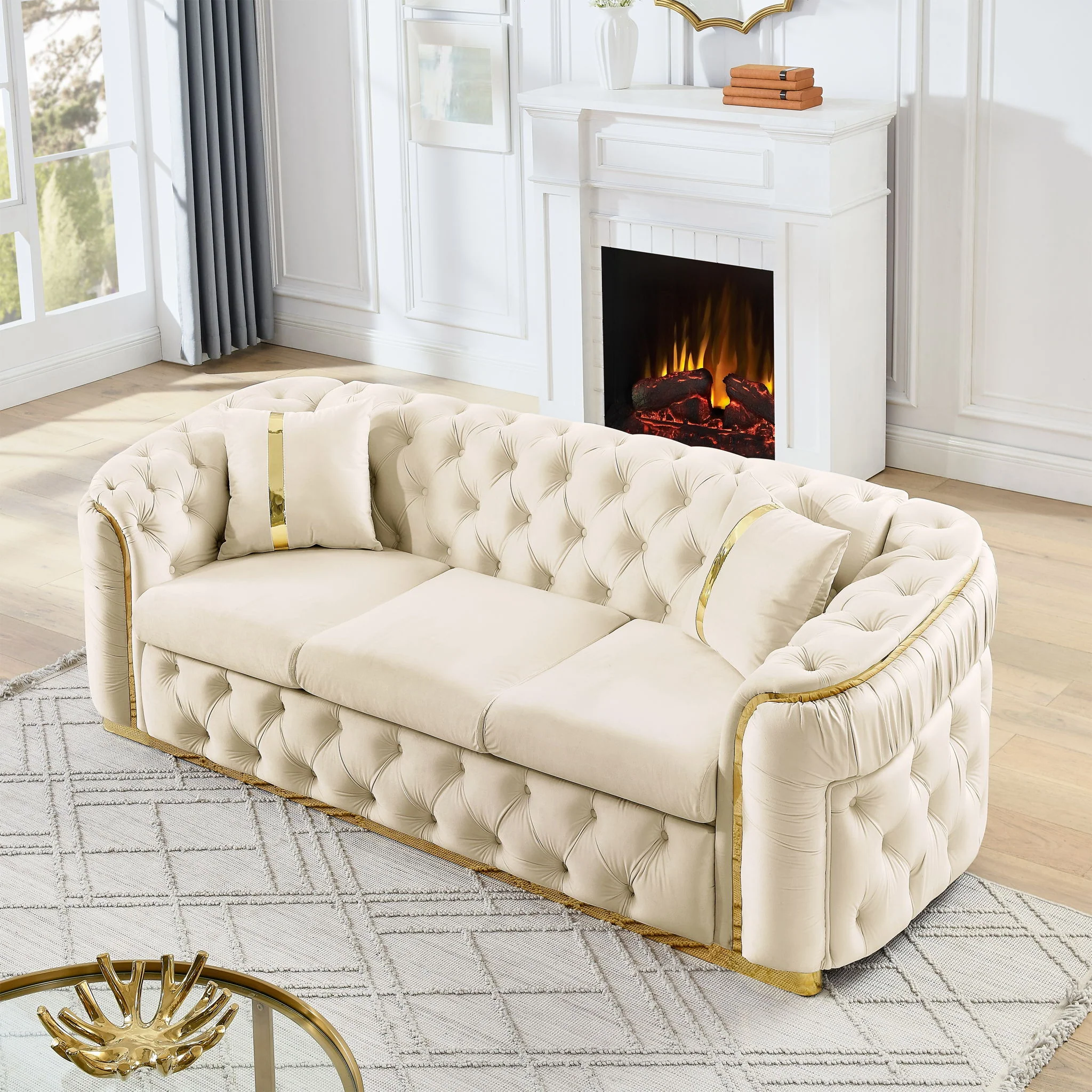 Button Tufted Couch With 2 Pillows, 3 Seater Luxury Chesterfield Sofa - Image 16