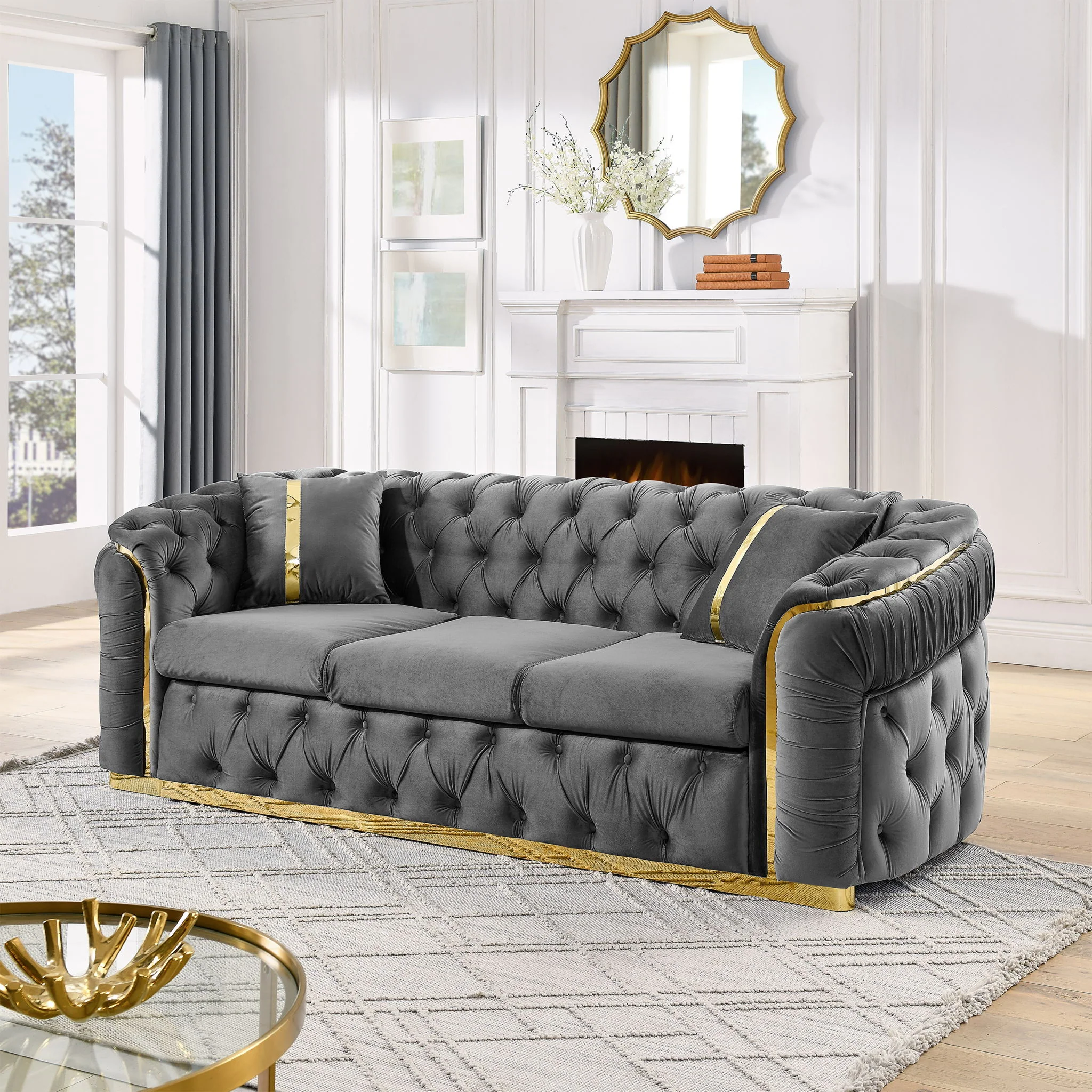Button Tufted Couch With 2 Pillows, 3 Seater Luxury Chesterfield Sofa - Image 24