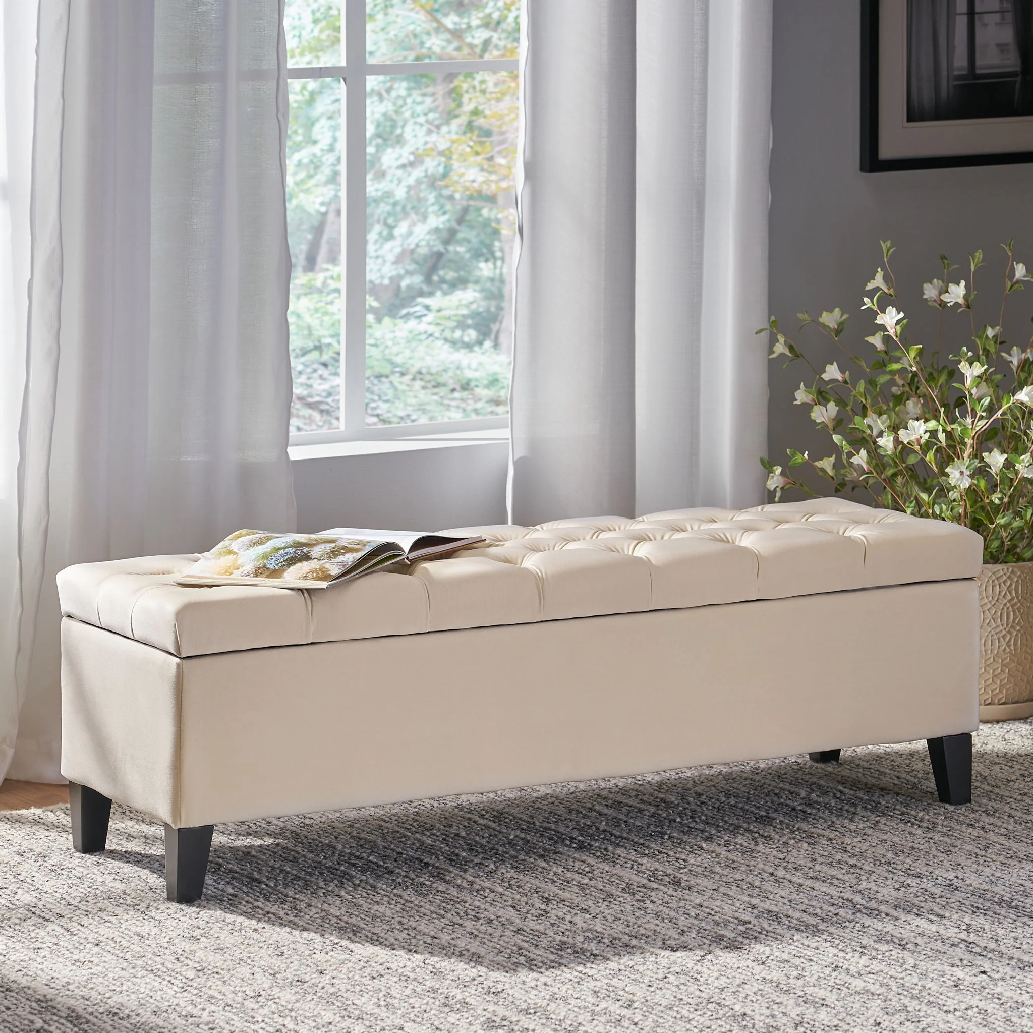 Button Tufted Diamond Stitch Storage Ottoman - Beige - Image 5