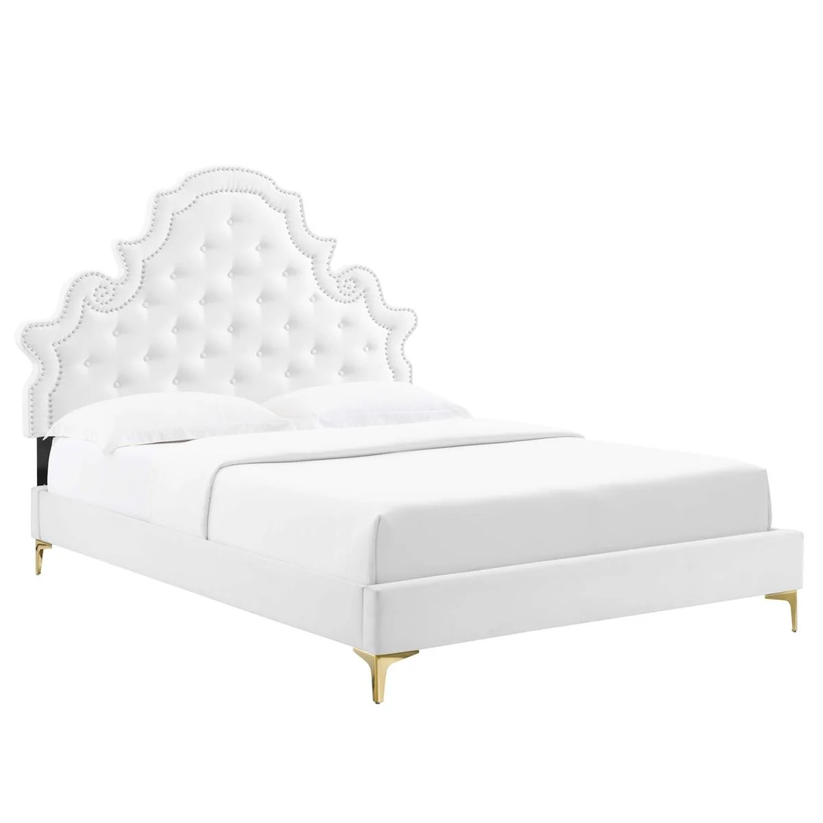 Button Tufted Performance Velvet Platform Bed with Nailhead Trim and Gold Metal Legs - Image 21
