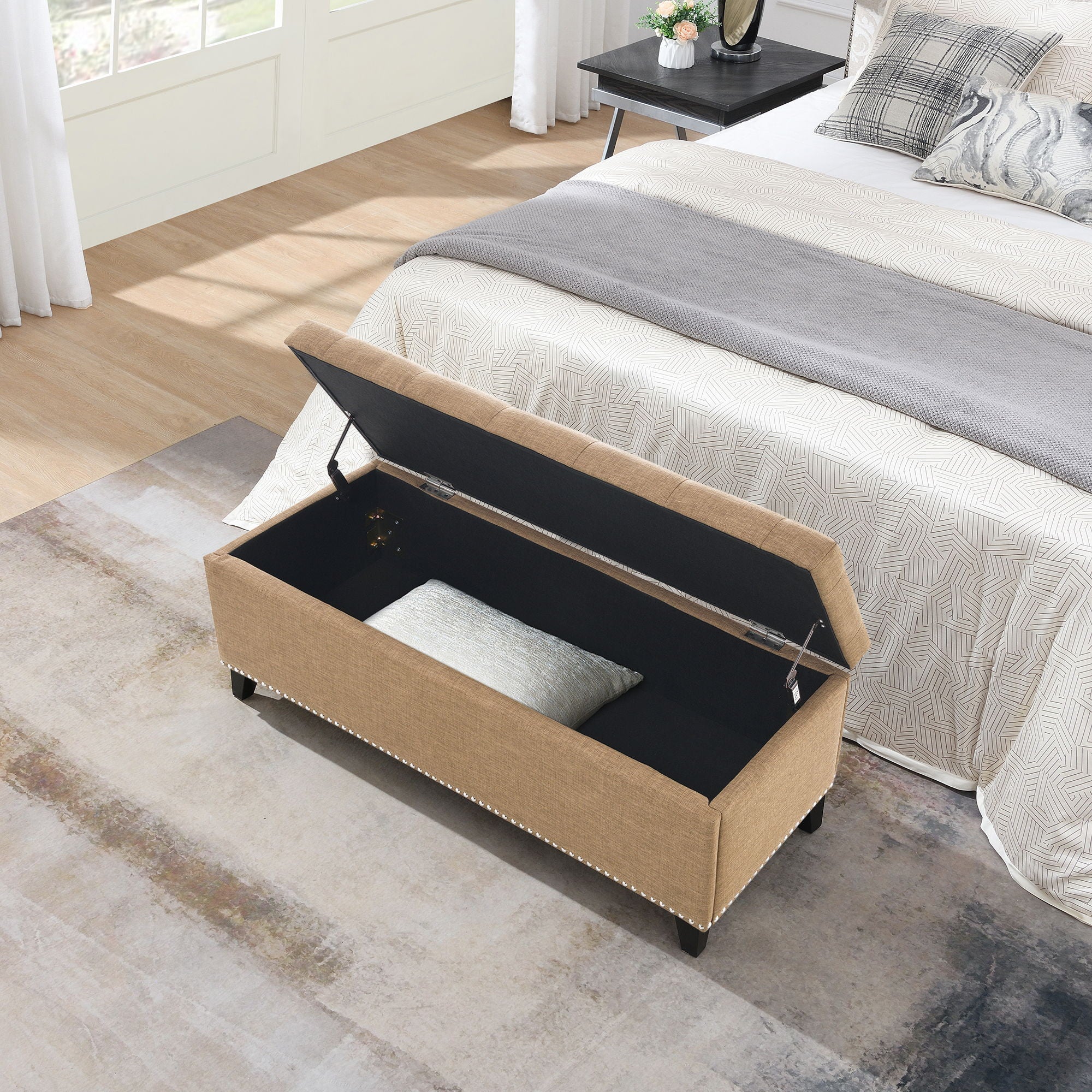 Button Tufted Storage Ottoman, Living Room Bench With Safety Close Hinge - Brown - Image 6