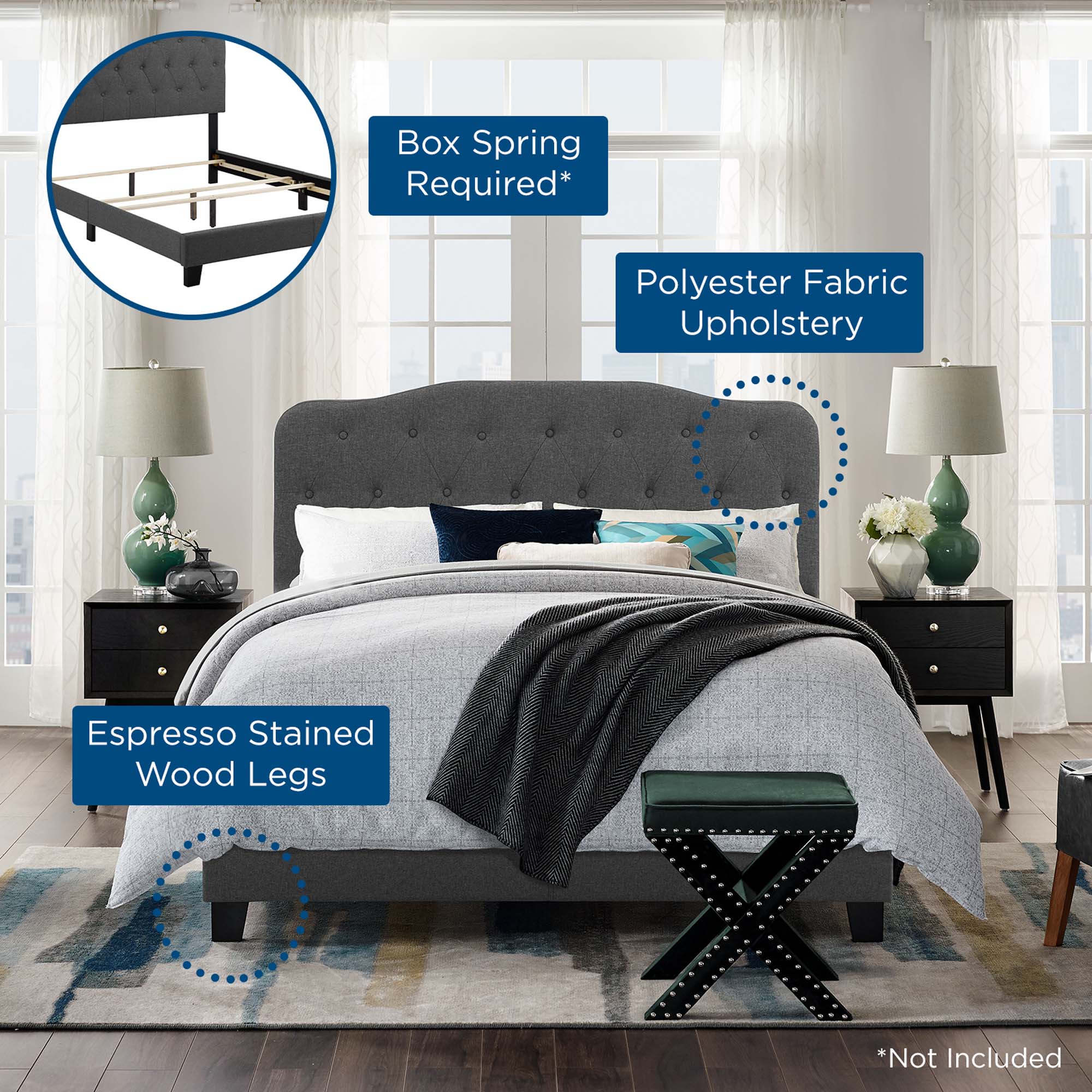 Button Tufted Upholstered Fabric Bed Frame with Wood Legs - Image 42