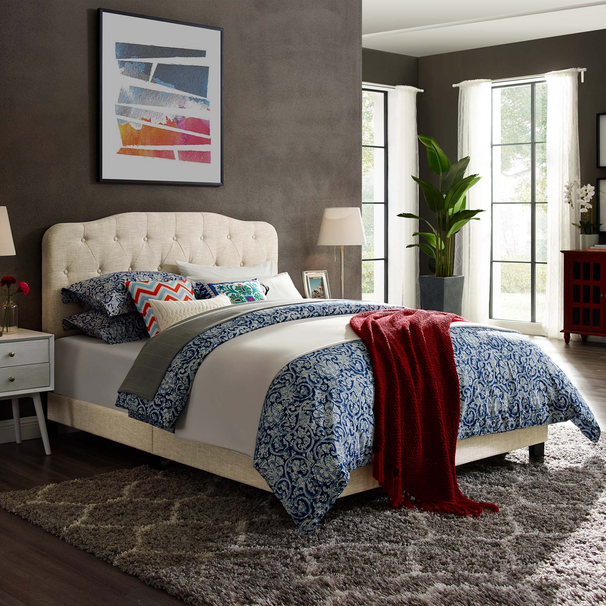 Button Tufted Upholstered Fabric Bed Frame with Wood Legs - Image 50