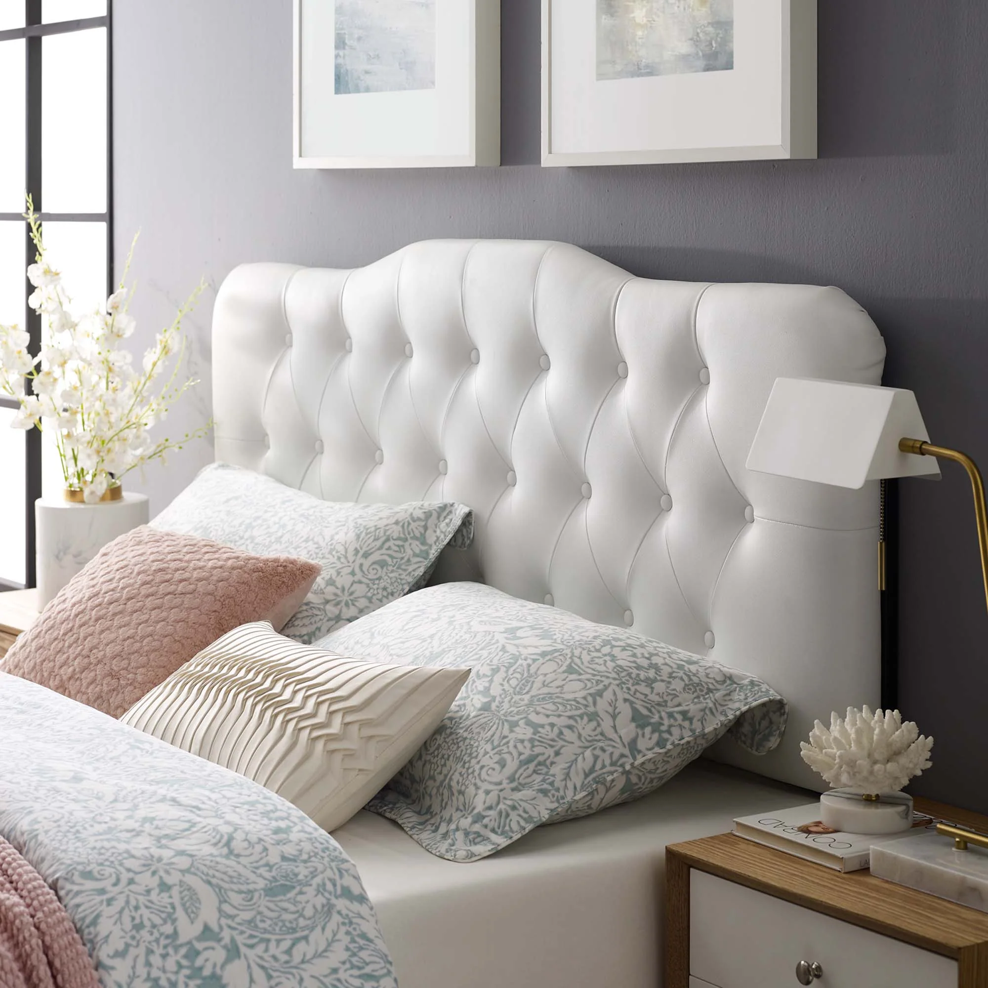 Button Tufted Upholstered Vinyl Headboard - Image 29