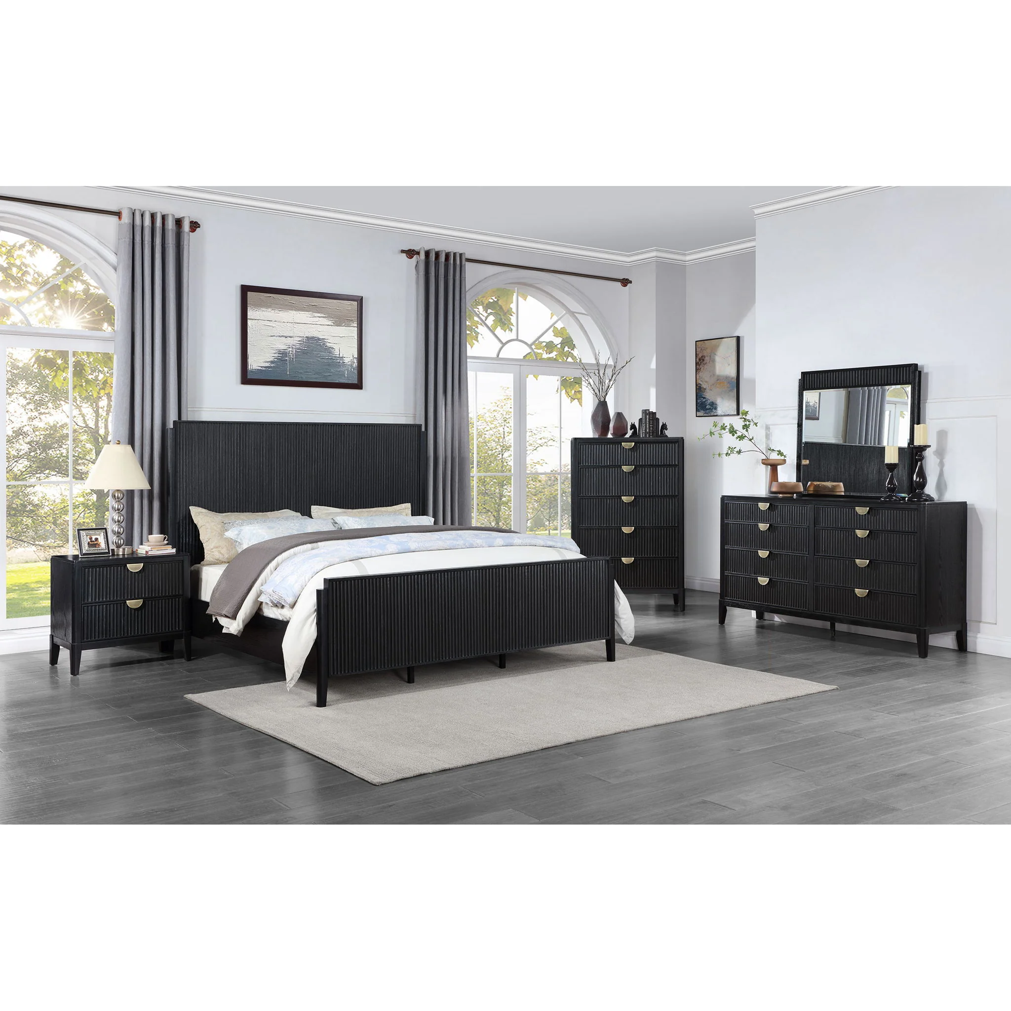 California King 5 Piece Bedroom Set With Fluted Detailing - Black - Image 4