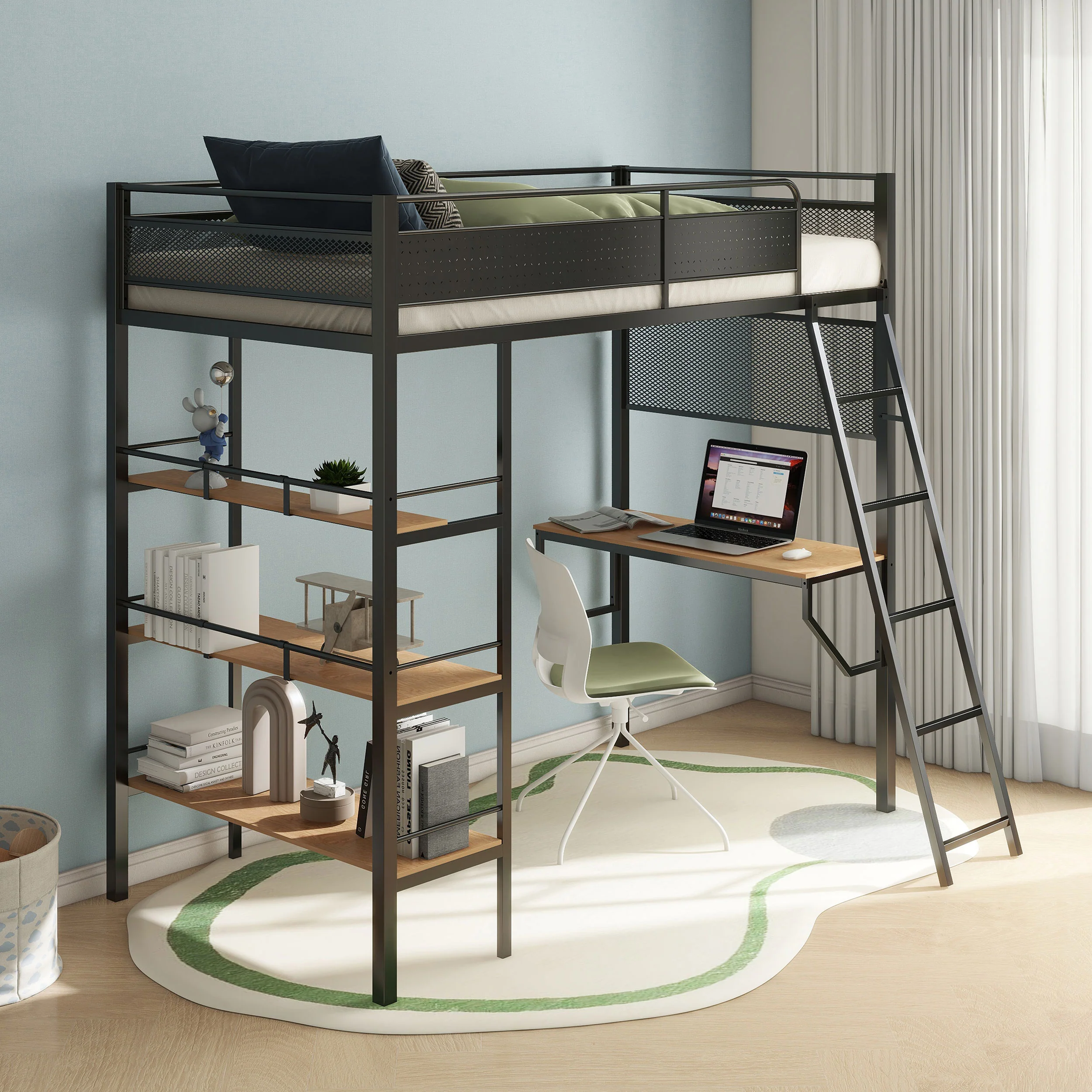 Campus 3-Shelf Metal Twin Loft Bed with Workstation, Matte Black - Image 2