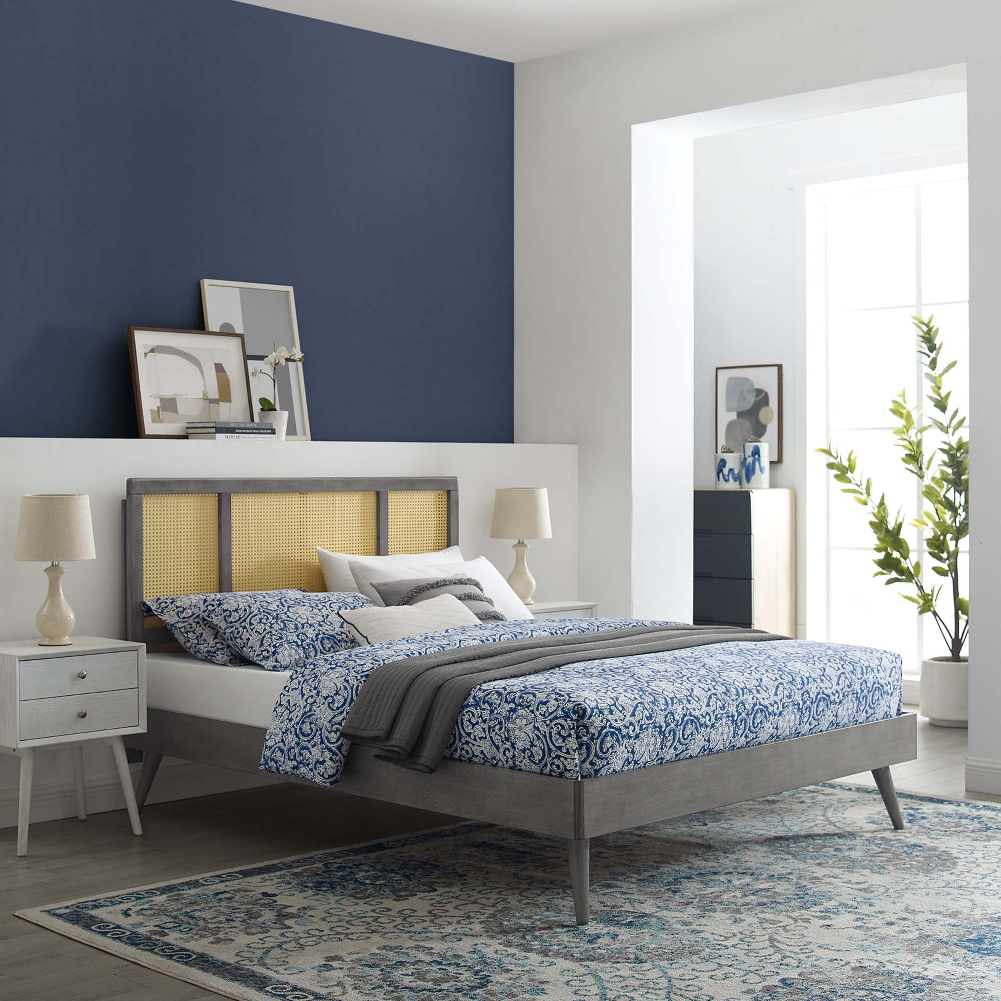 Cane and Wood Platform Bed with Splayed Legs - Image 15