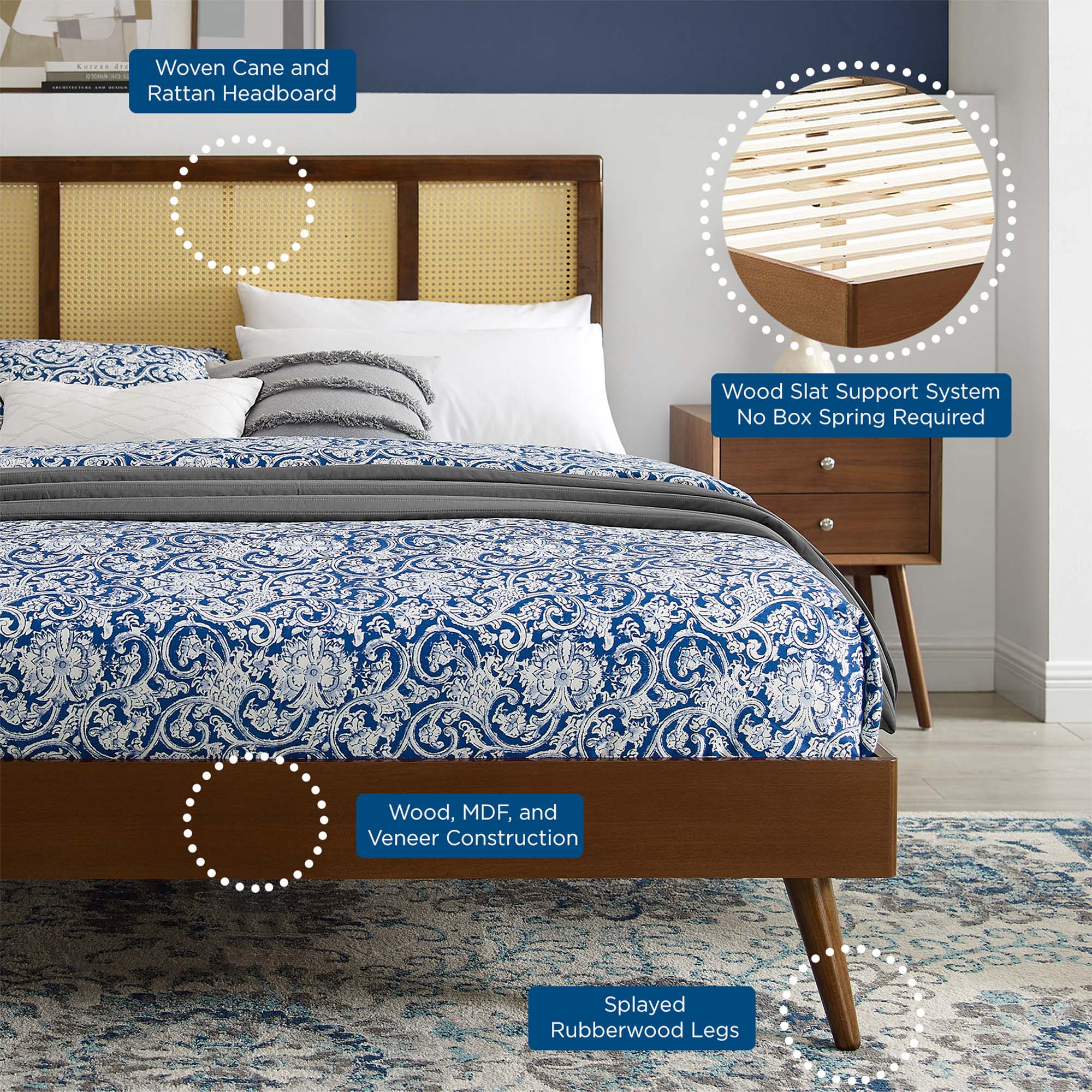 Cane and Wood Platform Bed with Splayed Legs - Image 24