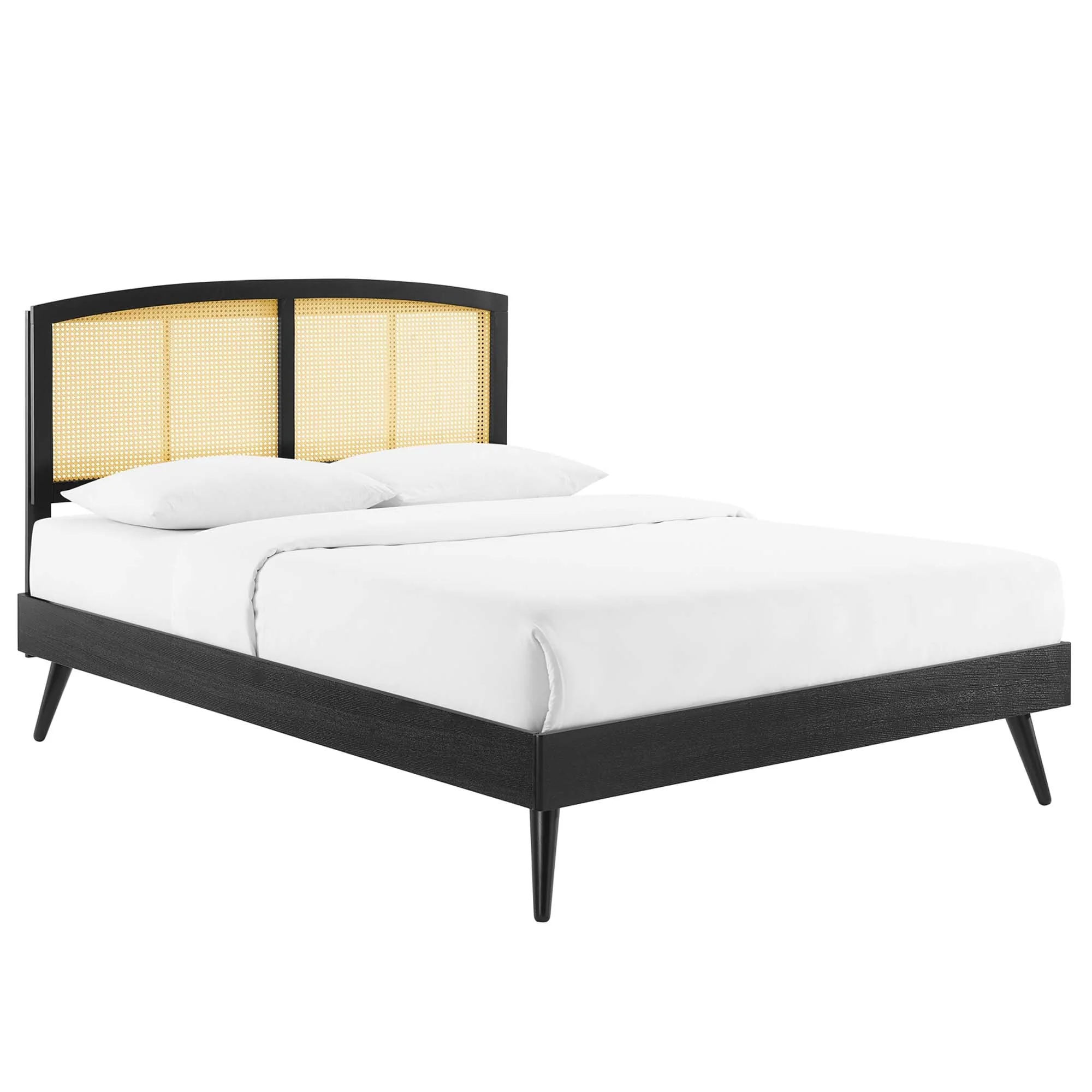 Cane and Wood Platform Bed with Splayed Legs - Image 11