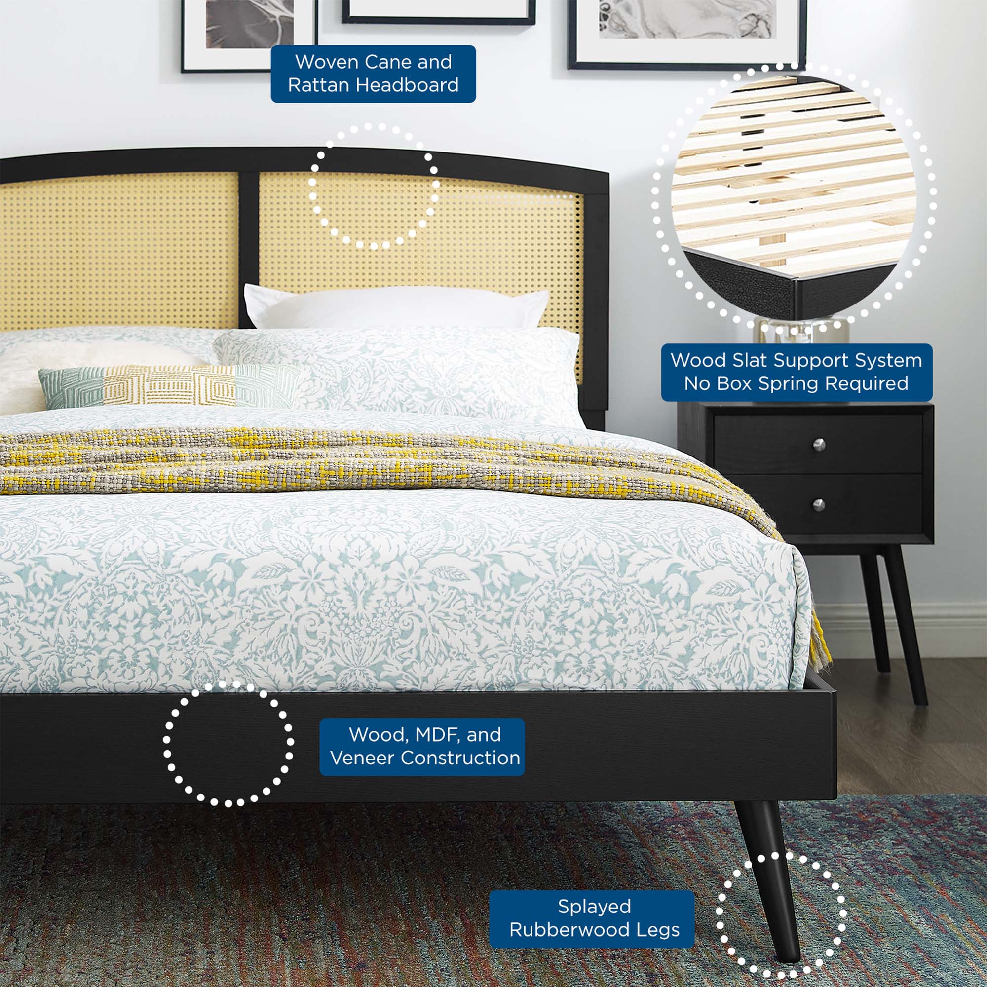 Cane and Wood Platform Bed with Splayed Legs - Image 13