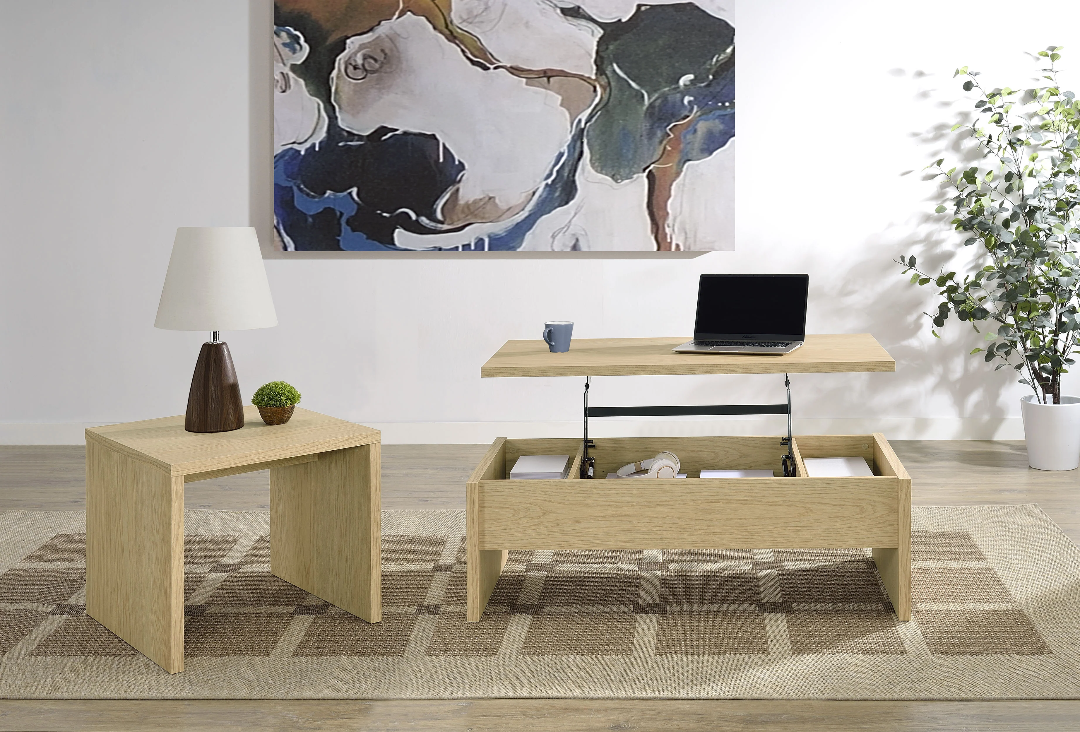 Canoga 2-Piece Lift Top Cocktail Coffee Table Set Light Oak
