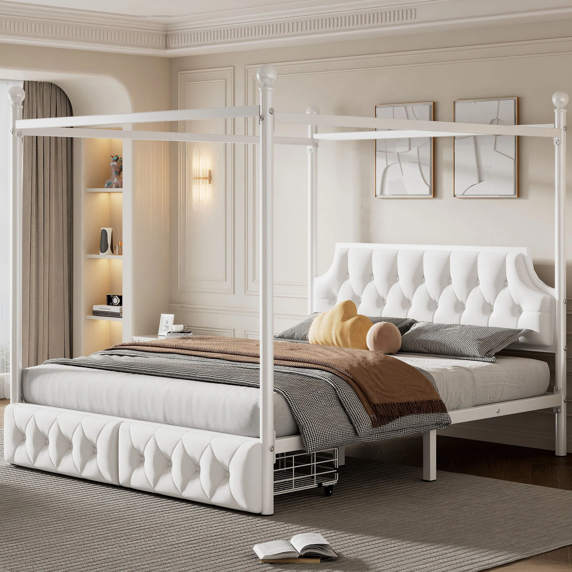 Queen Size Canopy Platform Bed With Upholstered Headboard And 2 Storage Drawers - White - Image 6