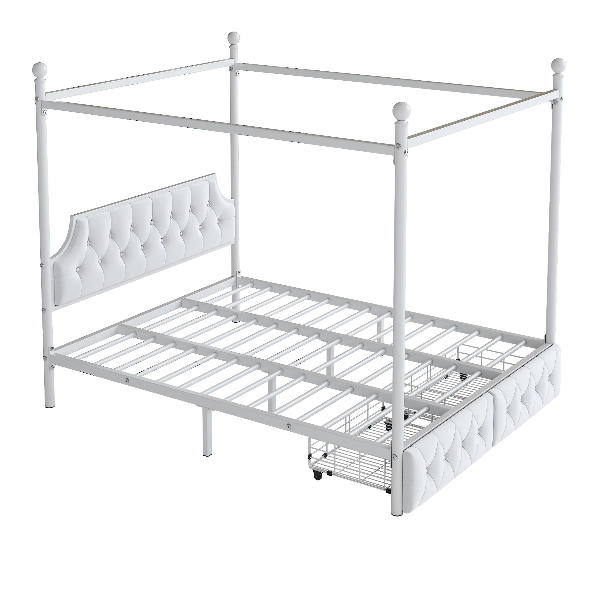 Queen Size Canopy Platform Bed With Upholstered Headboard And 2 Storage Drawers - White - Image 9