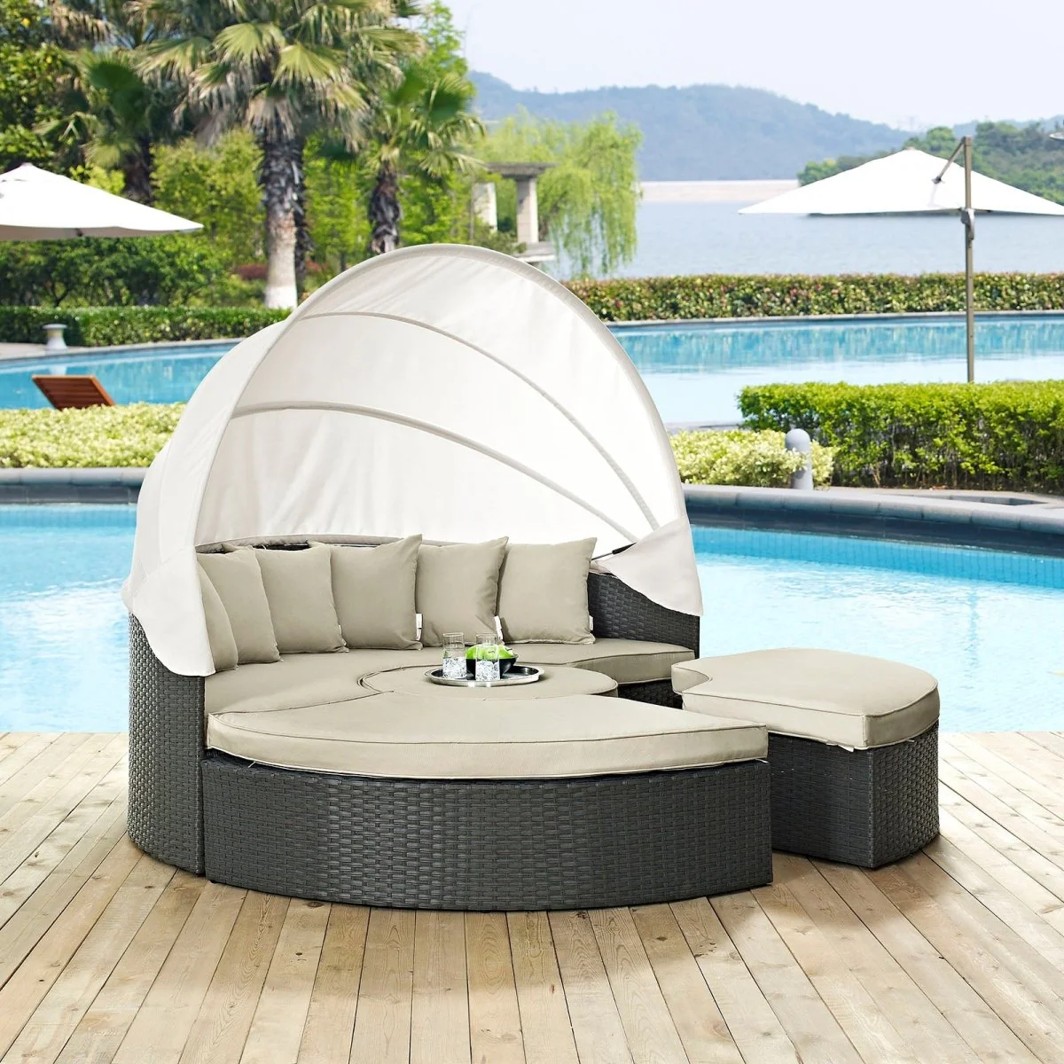 Canvas Outdoor Rattan Daybed with Canopy - Elegant Wicker Lounger for Patio - Image 22