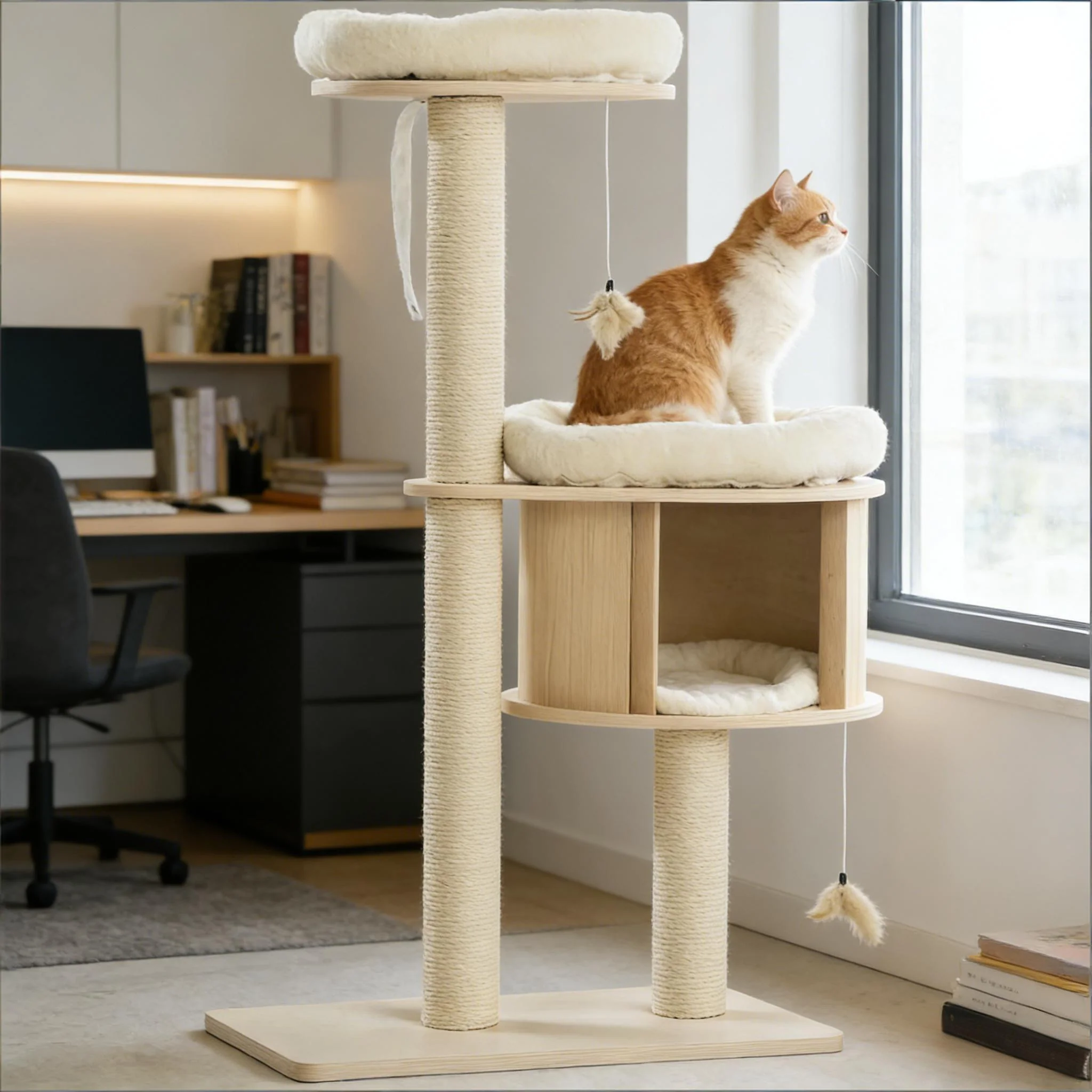 Capella 46-Inch Multi-Level Wooden Cat Tower with Condo and Plush Cushions - Image 2