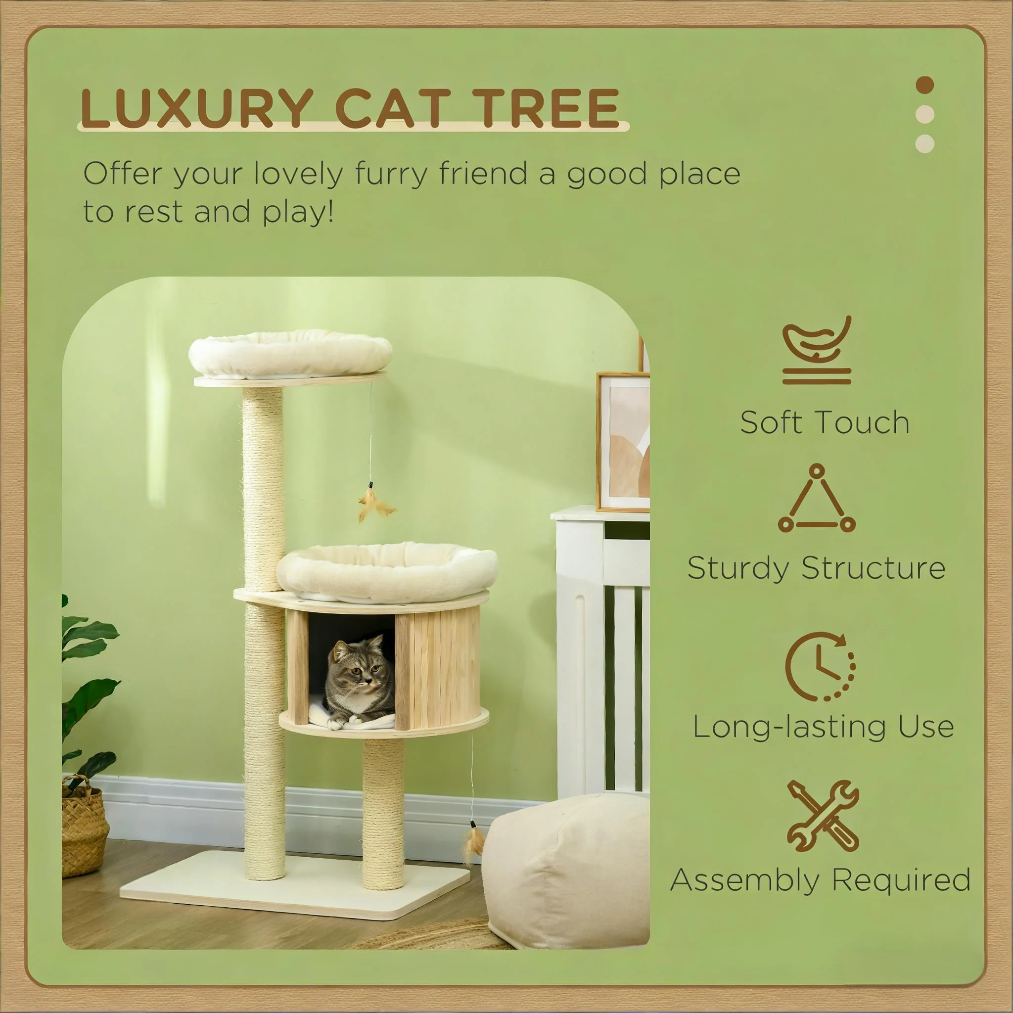 Capella 46-Inch Multi-Level Wooden Cat Tower with Condo and Plush Cushions - Image 6