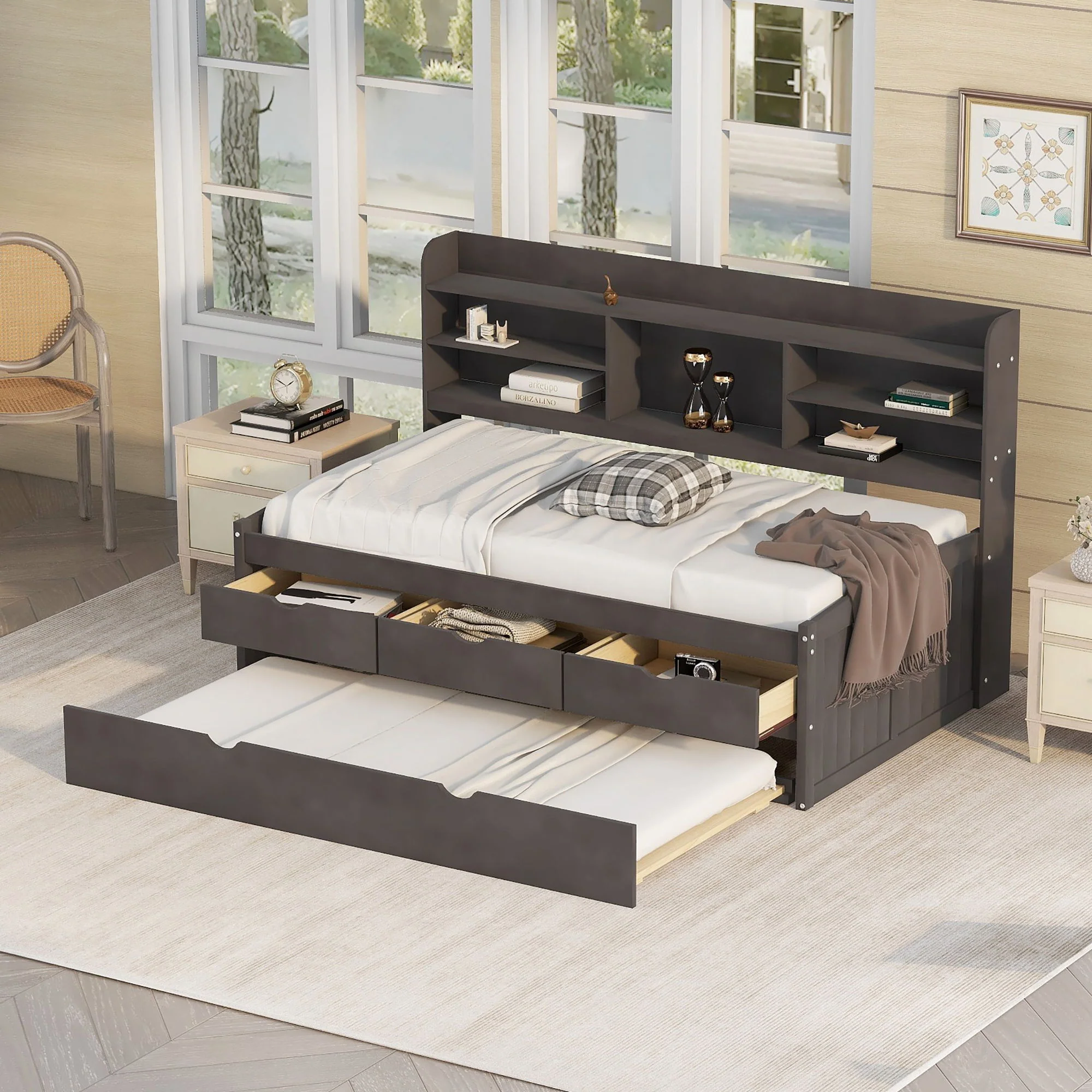 Captain Bed With Built In Bookshelves, 3 Storage Drawers, And Trundle - Image 18