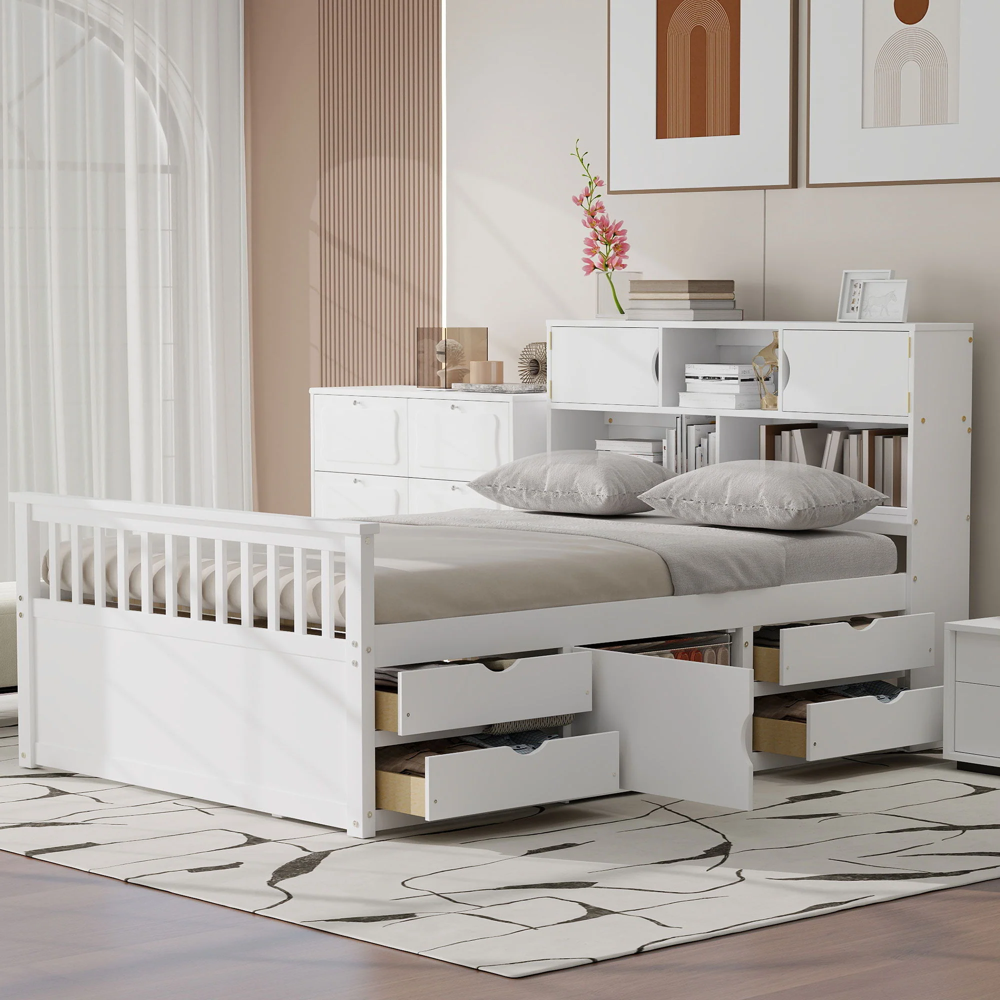 Captain Platform Bed Frame With Bookcase Headboard, 4 Drawers, Storage Shelves - Image 10