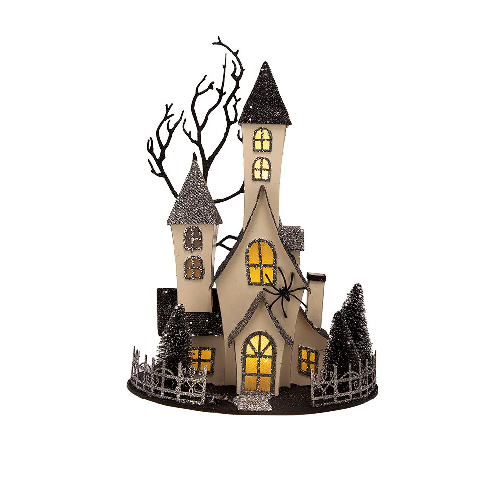 Cardboard Lighted Haunted House, Tabletop Holiday Halloween Decor, Battery Powered - Beige / Black - Image 7