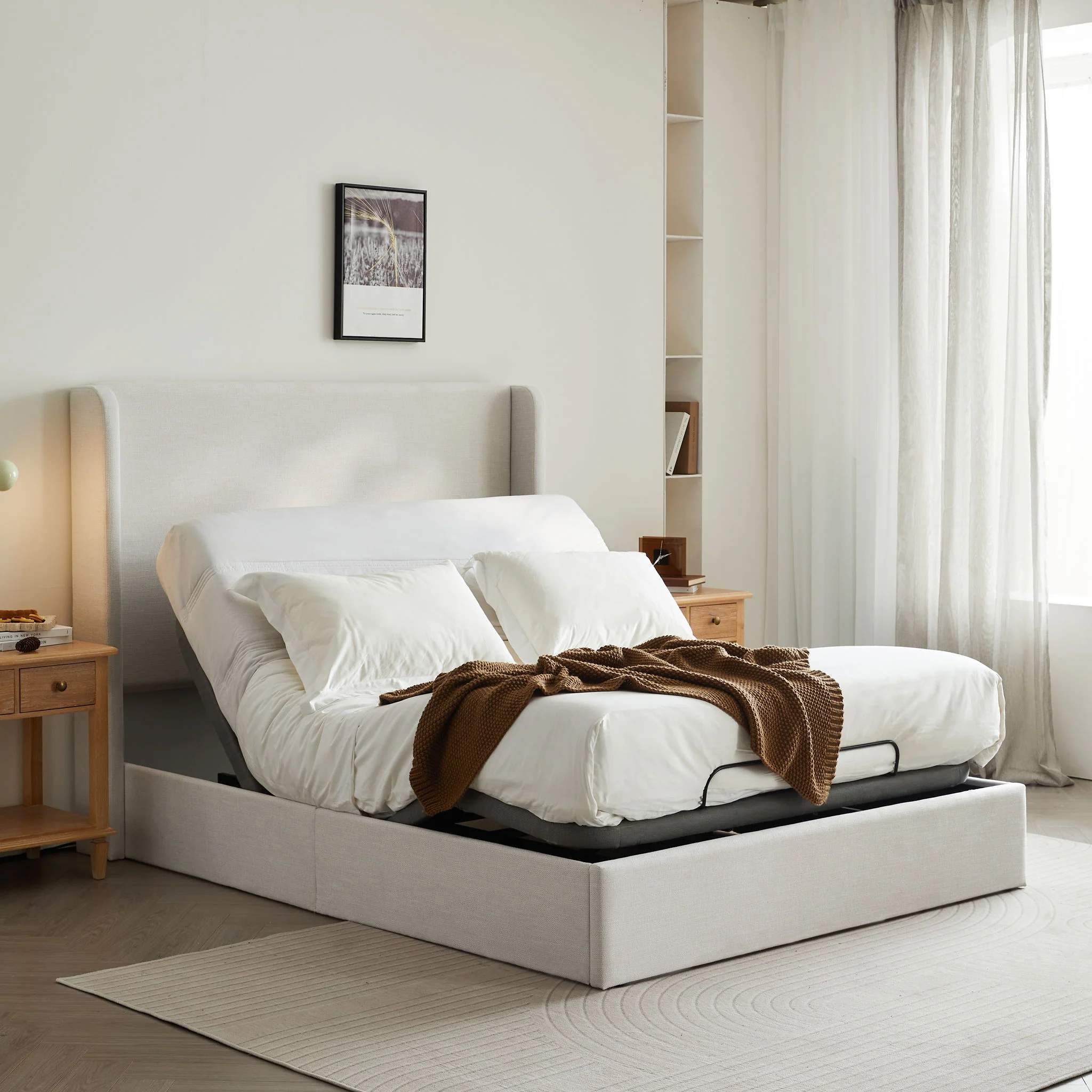 Caron - Queen Size Upholstered Wingback Bed With Adjustable Base Bundle Set - Ivory - Image 5