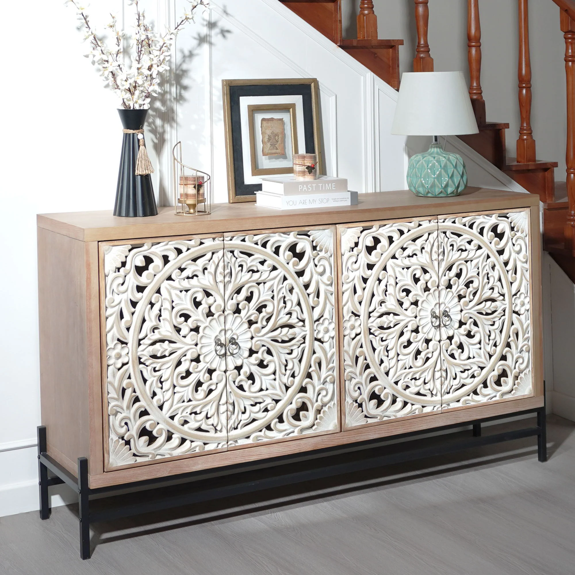 Carved 4 Door Cabinet, Storage Sideboard For Living Room - Multi - Image 4