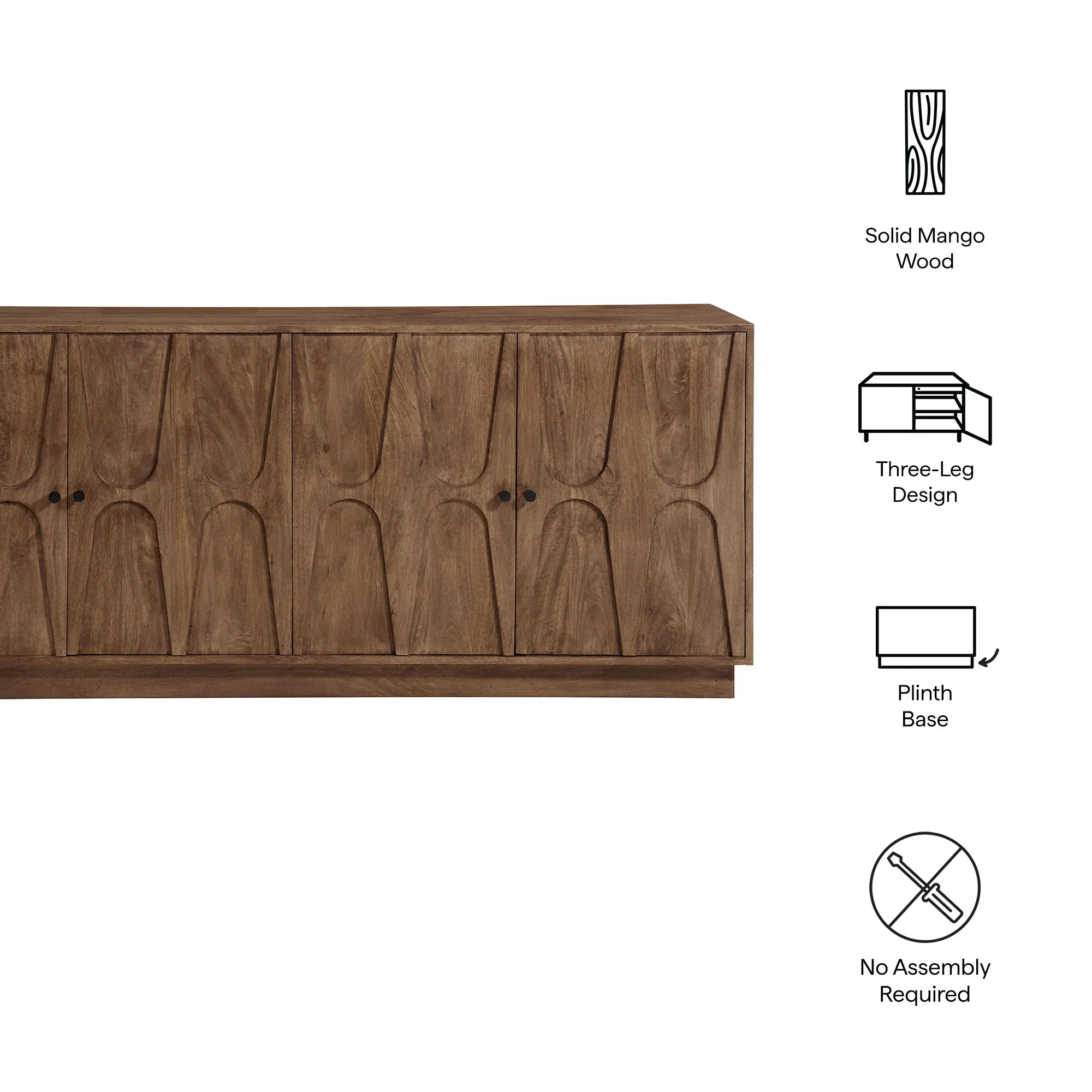 Carved Solid Mango Wood 4 Door Sideboard – Walnut 72 Inch - Image 3
