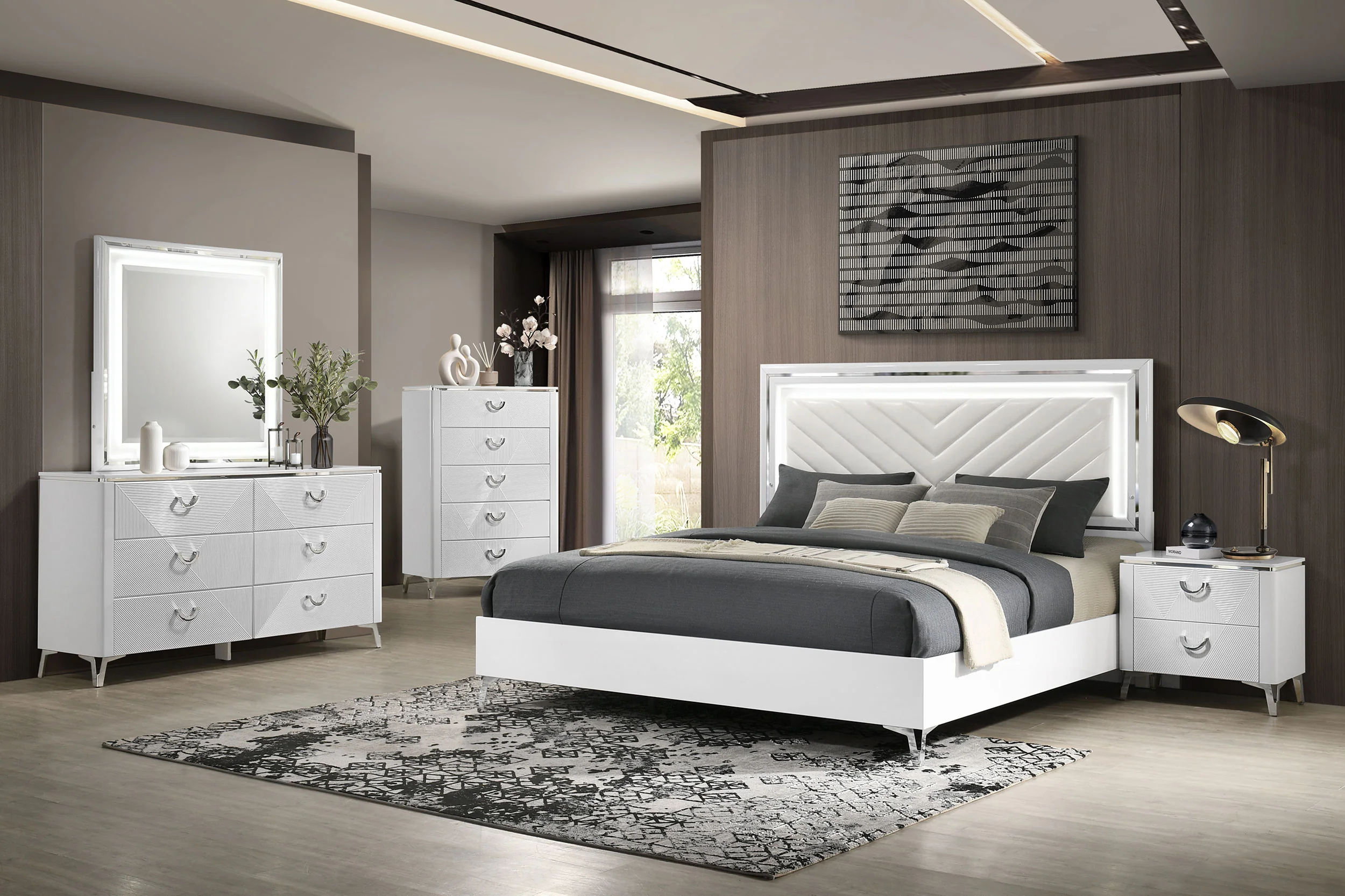 Cassia Eastern King LED Panel Bed White High Gloss - Image 12
