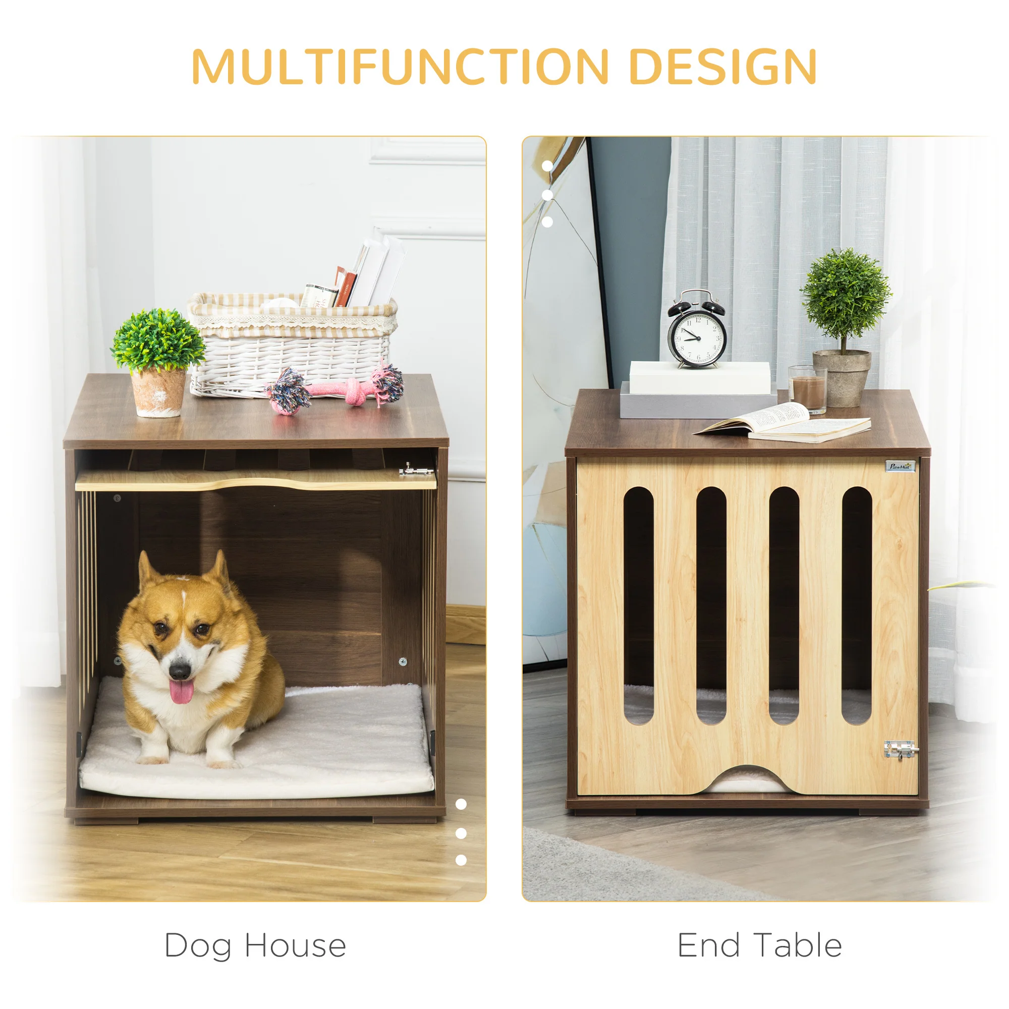 Castor 32-Inch Dog Crate End Table with Retractable Door and Fleece Cushion - Image 6