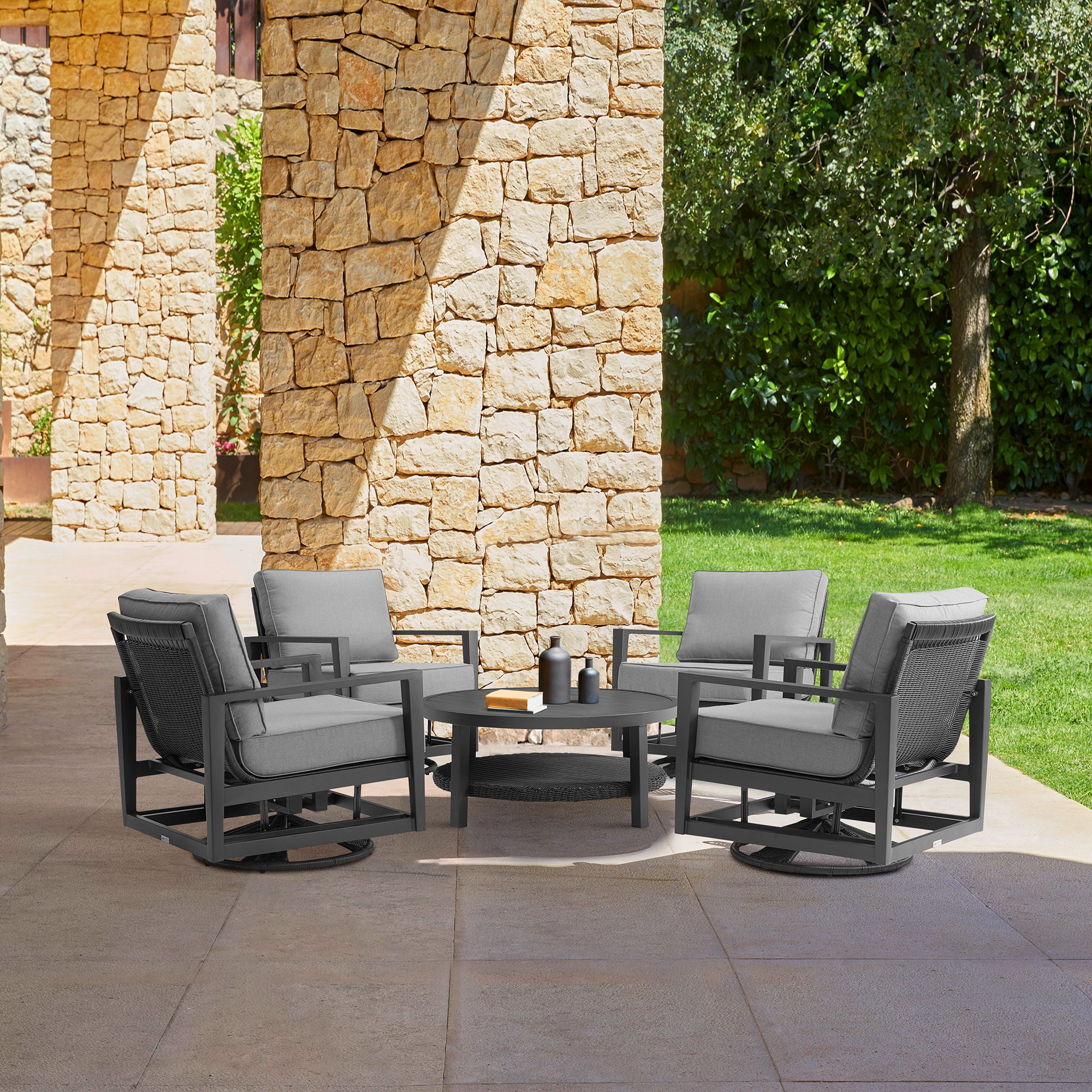 Cayman - Black Aluminum Outdoor Round Conversation Table With Wicker Shelf - Image 5