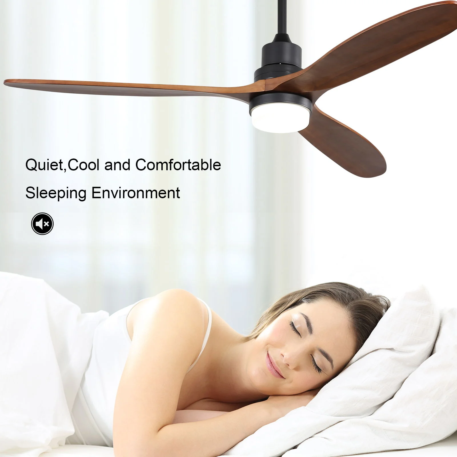 Ceiling Fan With Lights 3 Solid Wood Fan Blade Noiseless Reversible Motor Remote Control - Black - Image 4