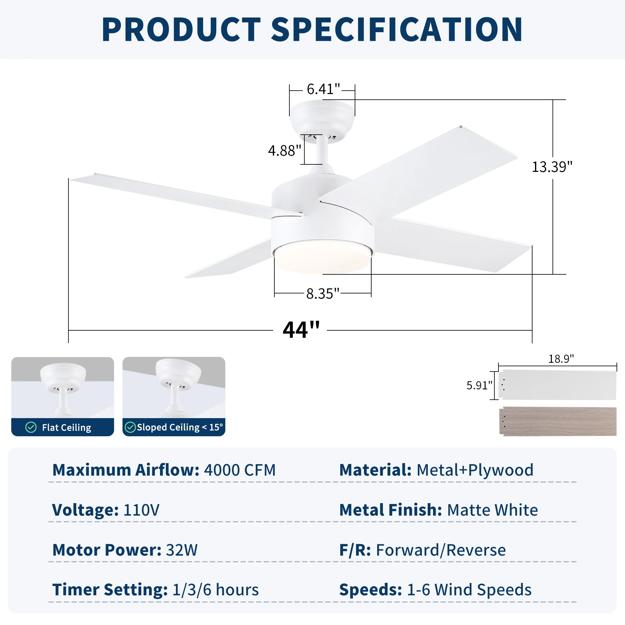 Ceiling Fan With Remote Control, Reversible DC Motor, 6 Speeds, 3 Dimmable LED, Quiet Timer For Indoor - White - Image 7