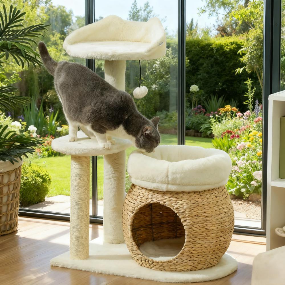 Celia 31-Inch Modern Cat Tree with Woven Cattail Condo and Bunny Velvet Beds - Image 3