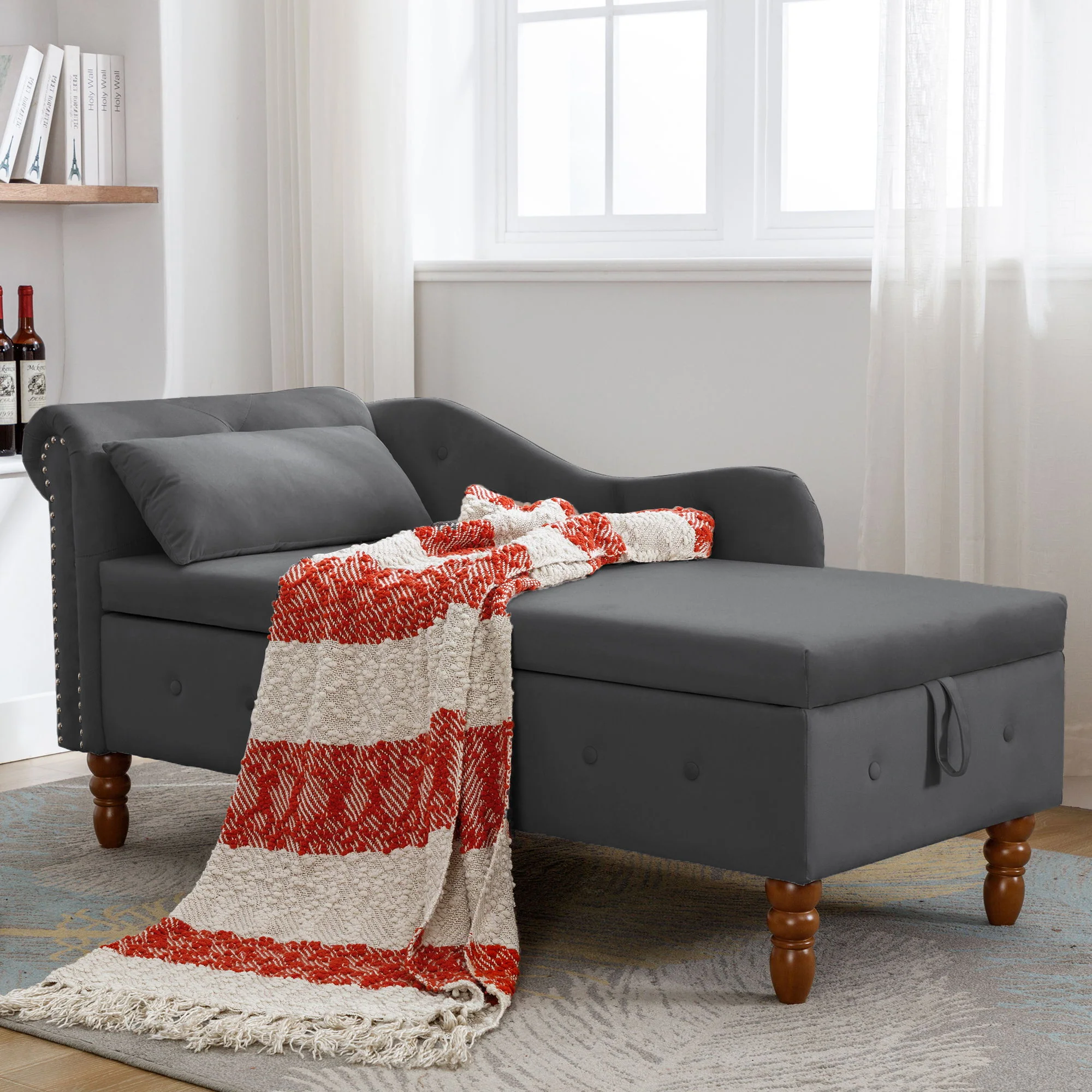 Chaise Lounge Indoor, Lounge Chair For Bedroom With Storage & Pillow, Modern Upholstered Rolled Arm Chase Lounge For Sleeping With Nailhead Trim For Living Room Bedroom Office - Image 29