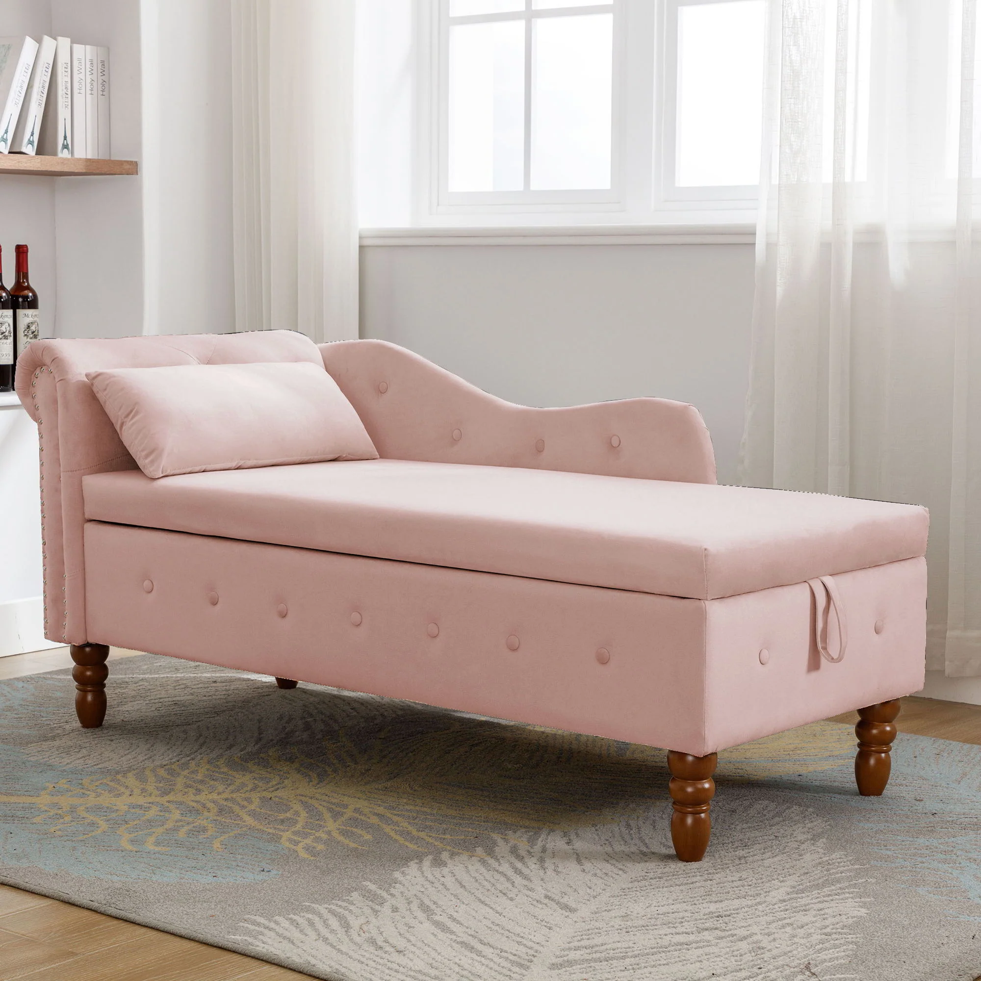 Chaise Lounge Indoor, Lounge Chair For Bedroom With Storage & Pillow, Modern Upholstered Rolled Arm Chase Lounge For Sleeping With Nailhead Trim For Living Room Bedroom Office - Image 41