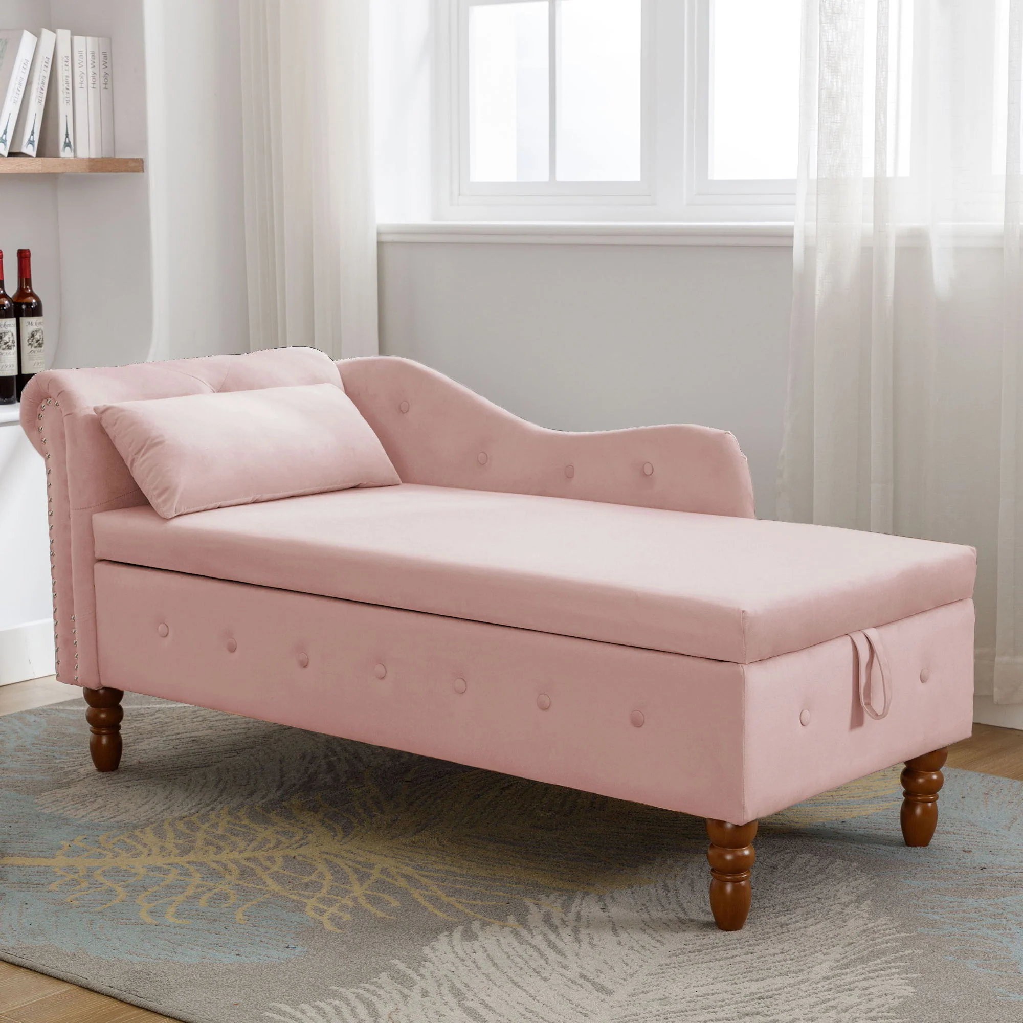 Chaise Lounge Indoor, Lounge Chair For Bedroom With Storage & Pillow, Modern Upholstered Rolled Arm Chase Lounge For Sleeping With Nailhead Trim For Living Room Bedroom Office - Image 44