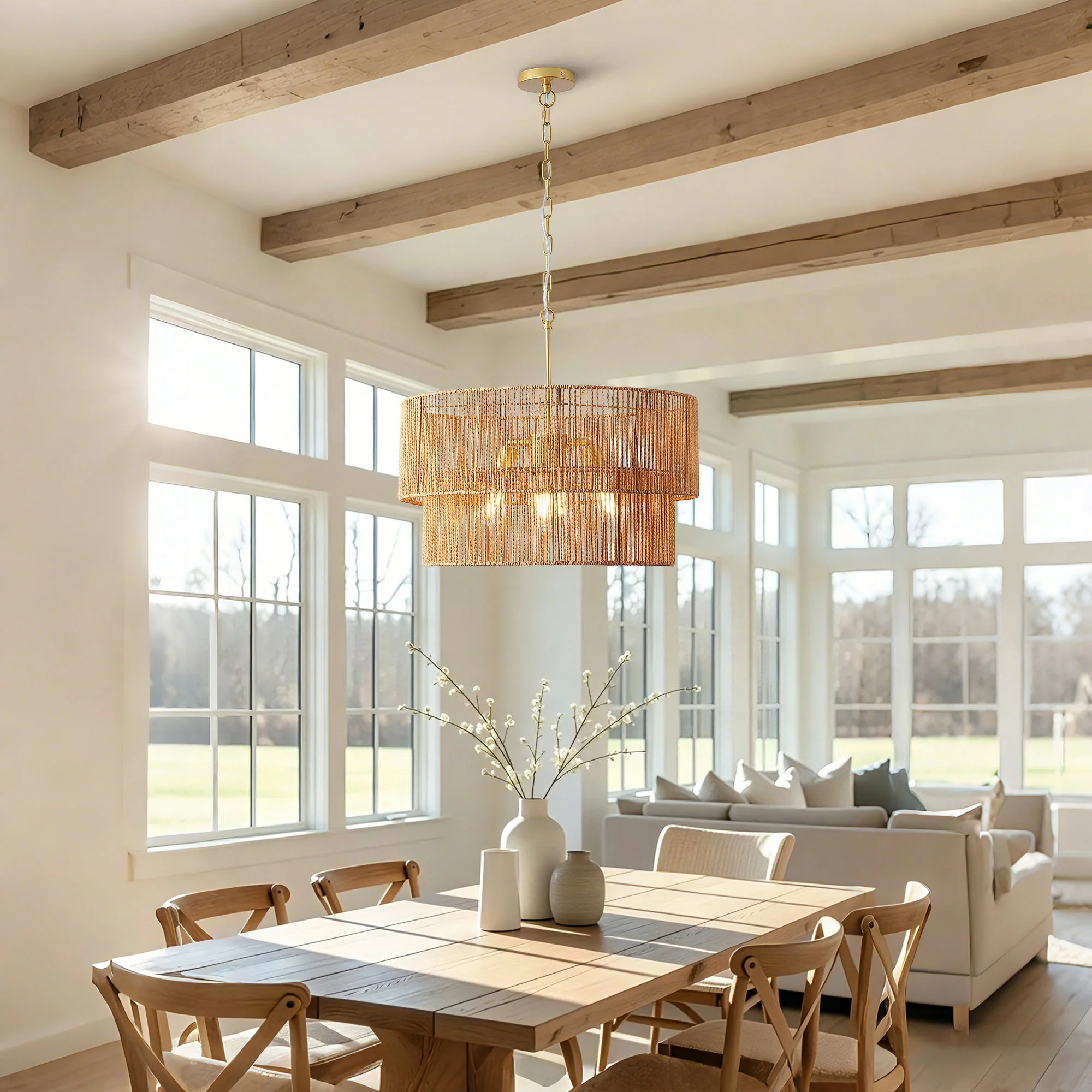 Chandelier, 2 Tier Boho Wabi Sabi Pendant Light, Hanging Ceiling Lamp - Gold - Image 8