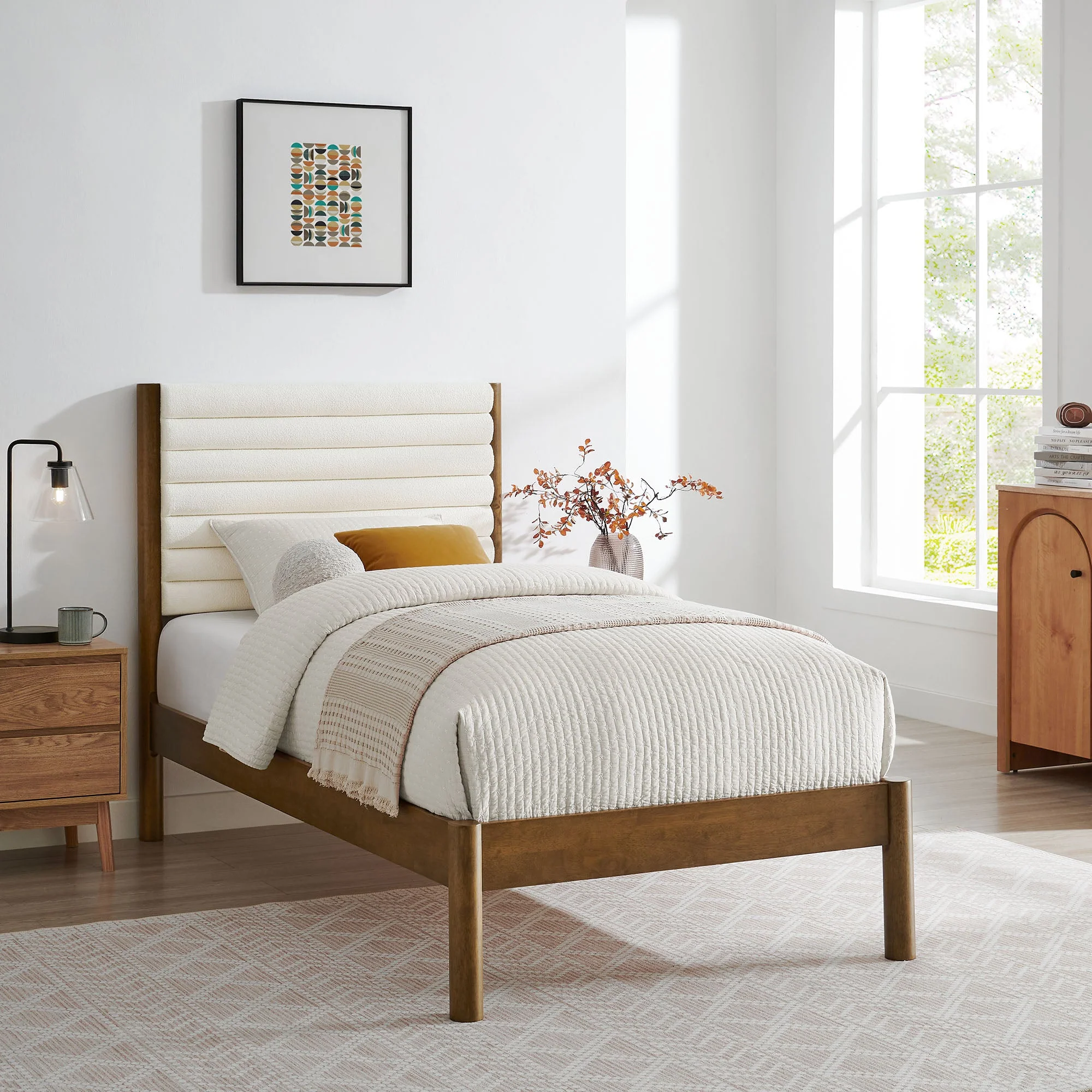 Channel Tufted Boucle Platform Bed with Solid Wood Frame - Image 12