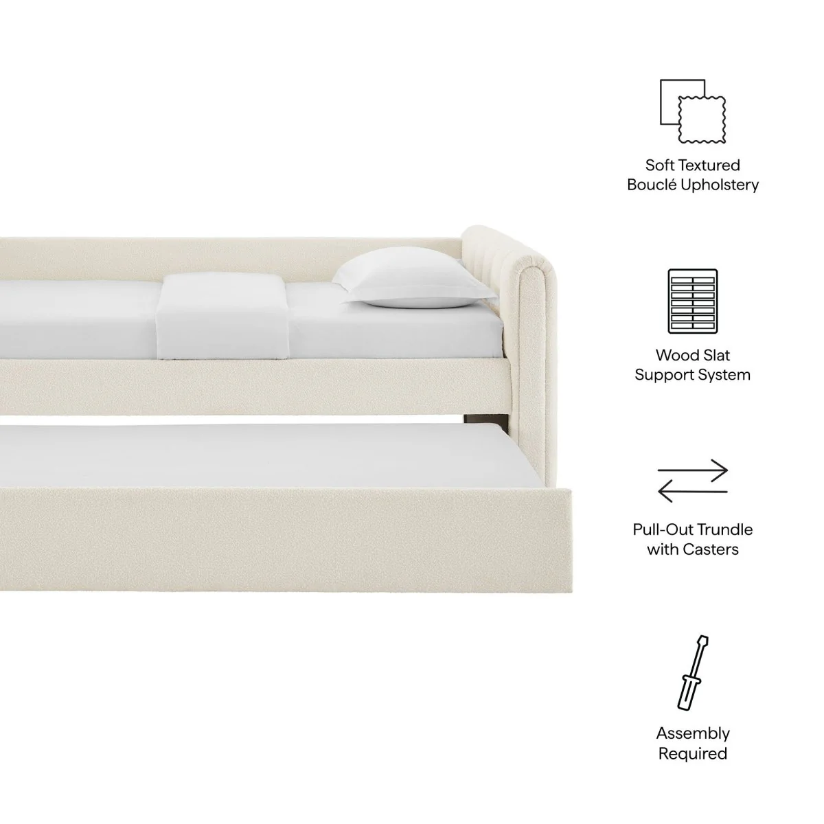 Channel Tufted Bouclé Twin Daybed with Pull-Out Trundle - Image 2