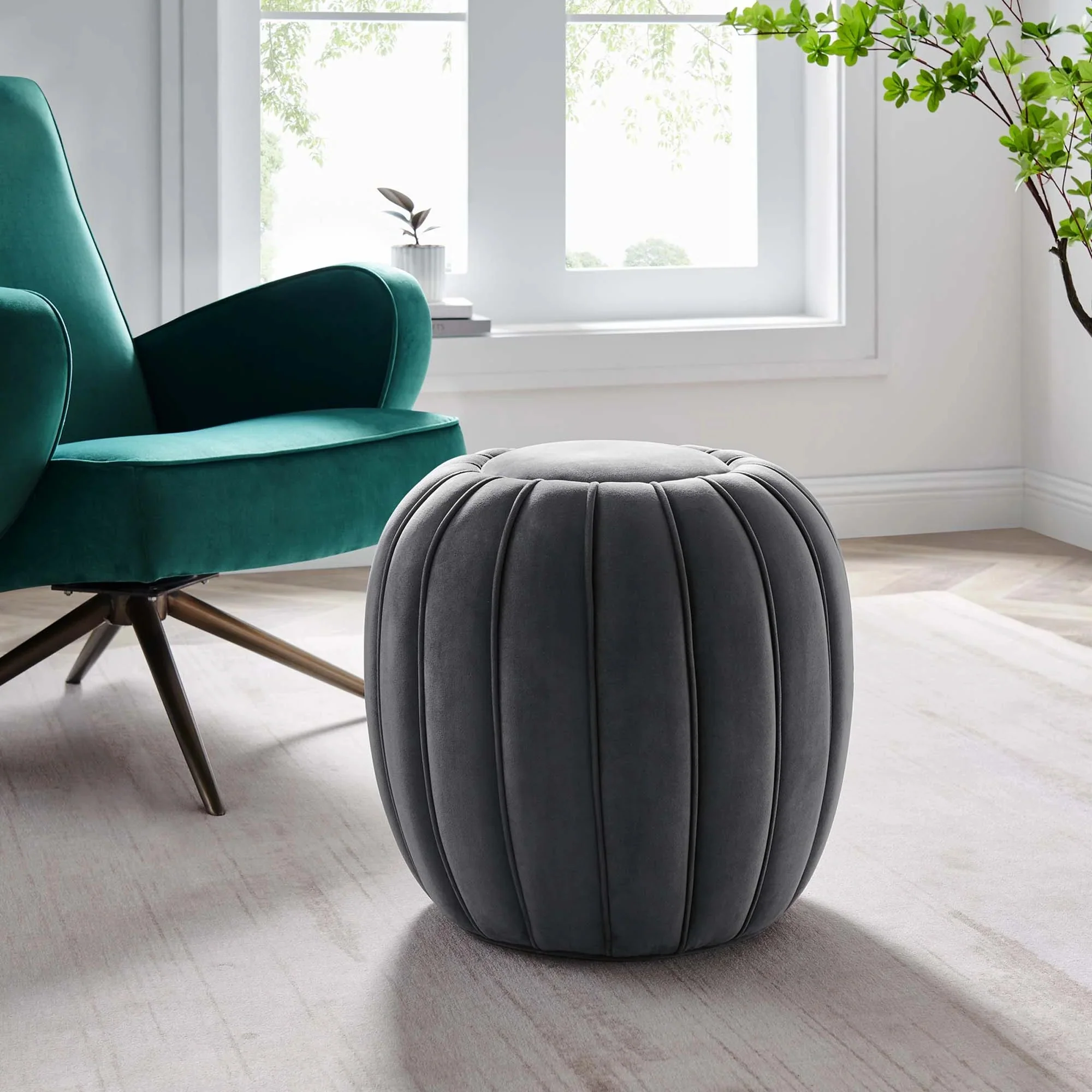 Channel Tufted Performance Velvet Ottoman – 19 Inch - Image 2
