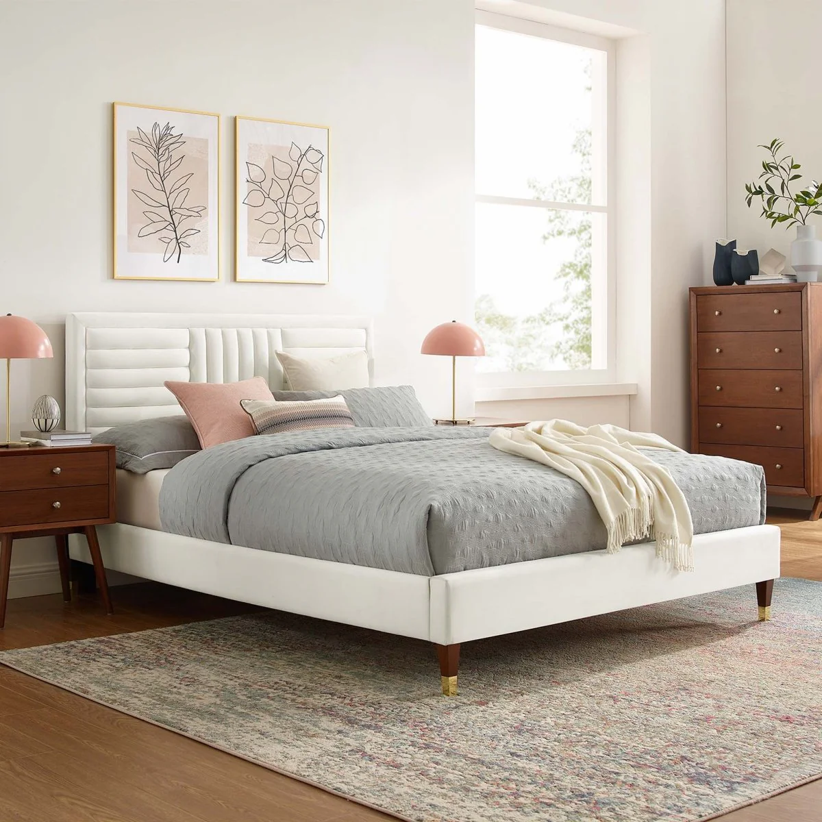 Channel Tufted Performance Velvet Platform Bed with Gold Detailed Wood Legs - Image 25