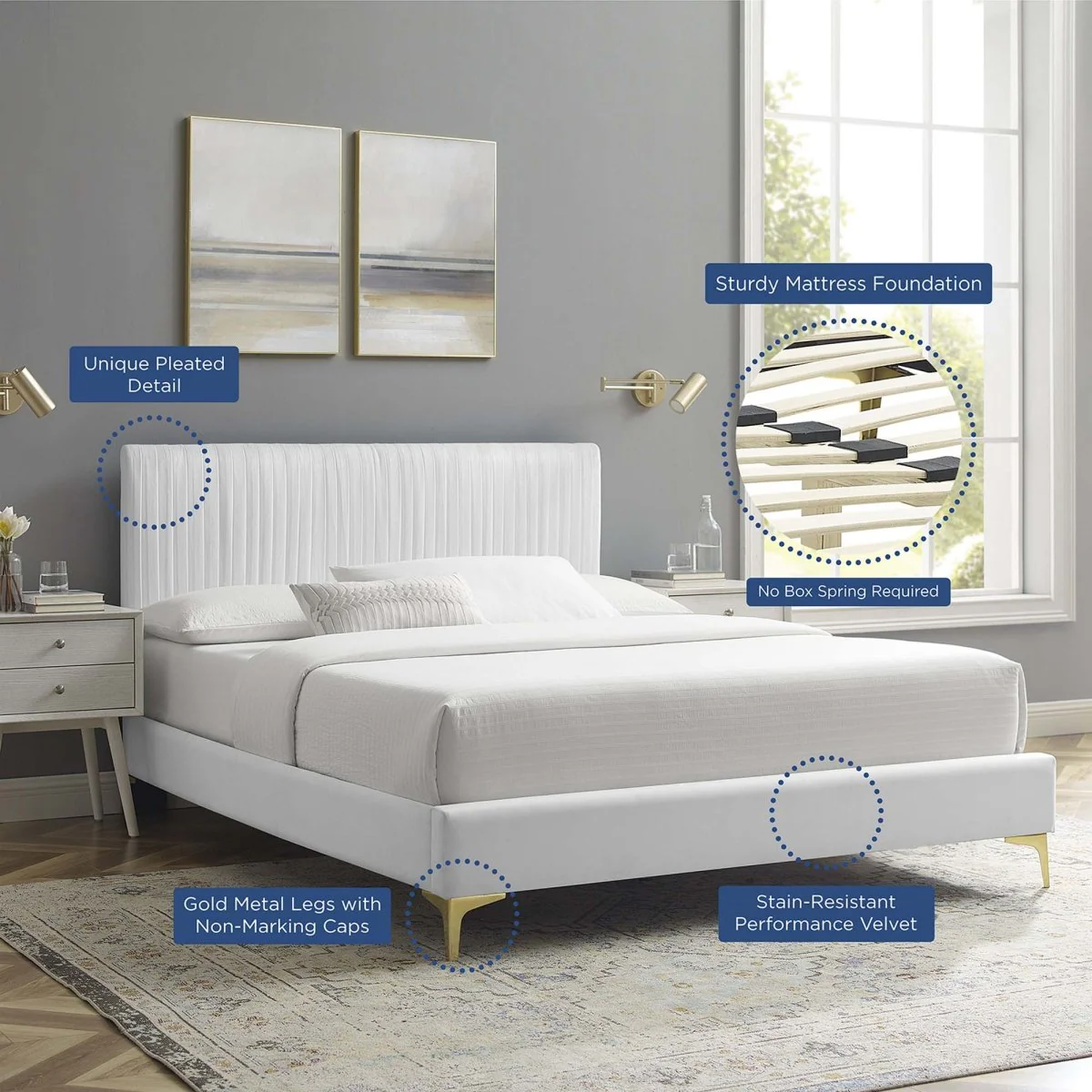 Channel Tufted Performance Velvet Platform Bed with Gold Metal Legs - Image 9