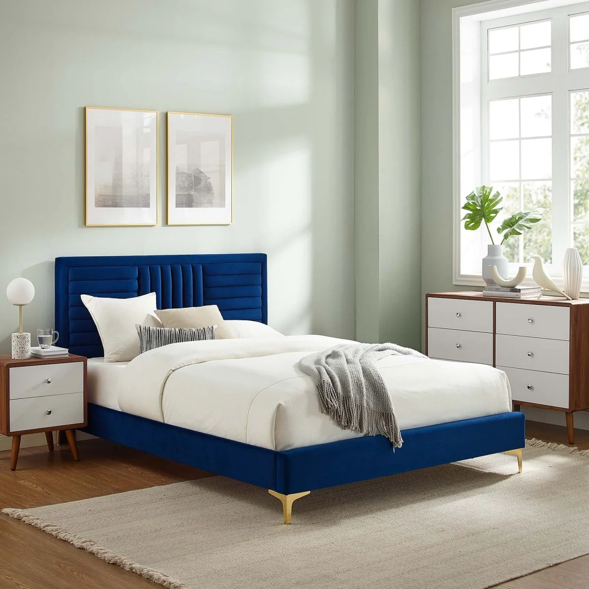 Channel Tufted Performance Velvet Platform Bed with Inset Border and Gold Legs - Image 10