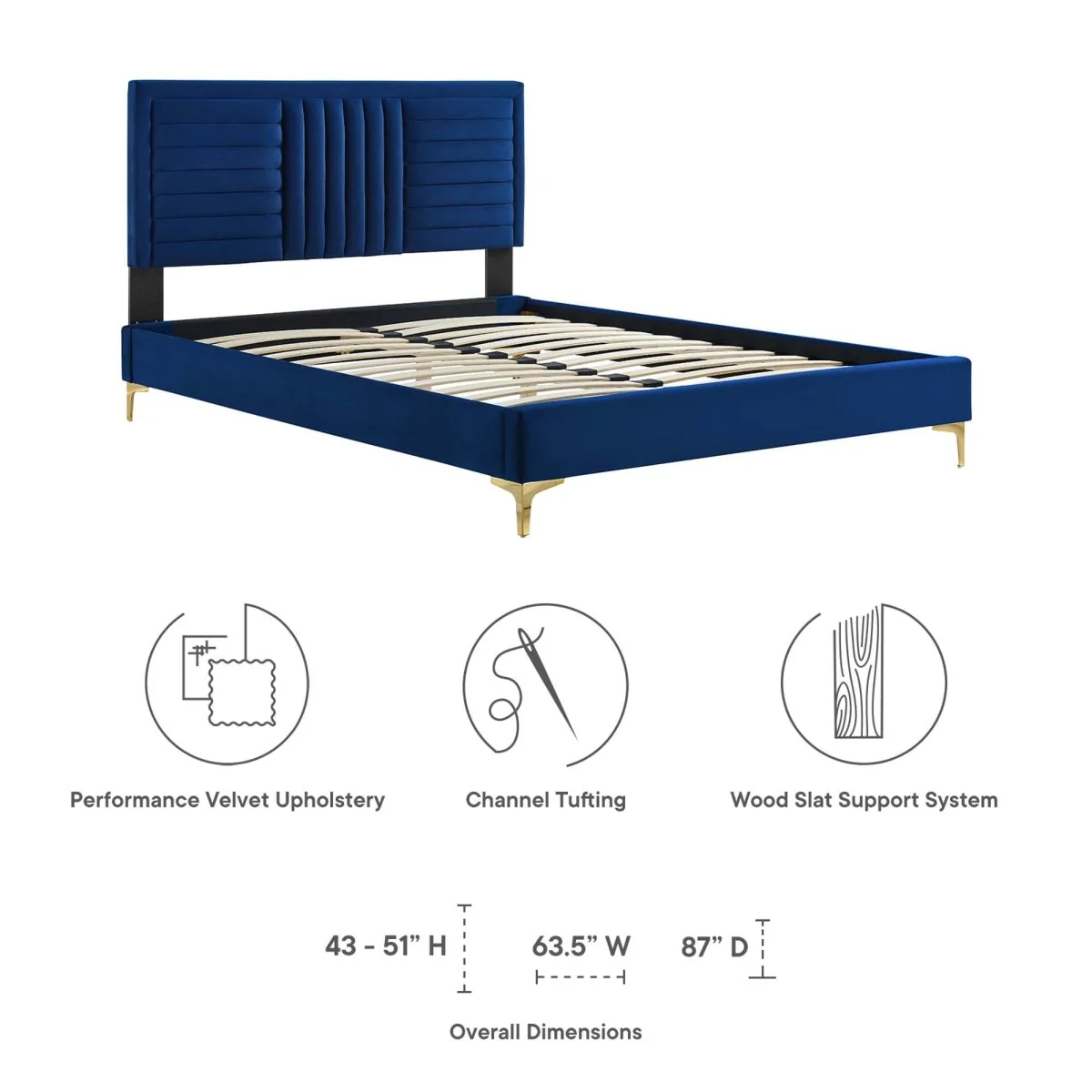 Channel Tufted Performance Velvet Platform Bed with Inset Border and Gold Legs - Image 17