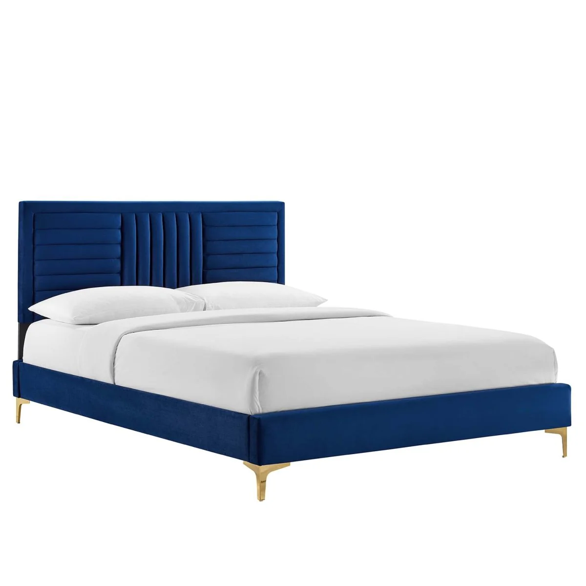 Channel Tufted Performance Velvet Platform Bed with Inset Border and Gold Legs - Image 6