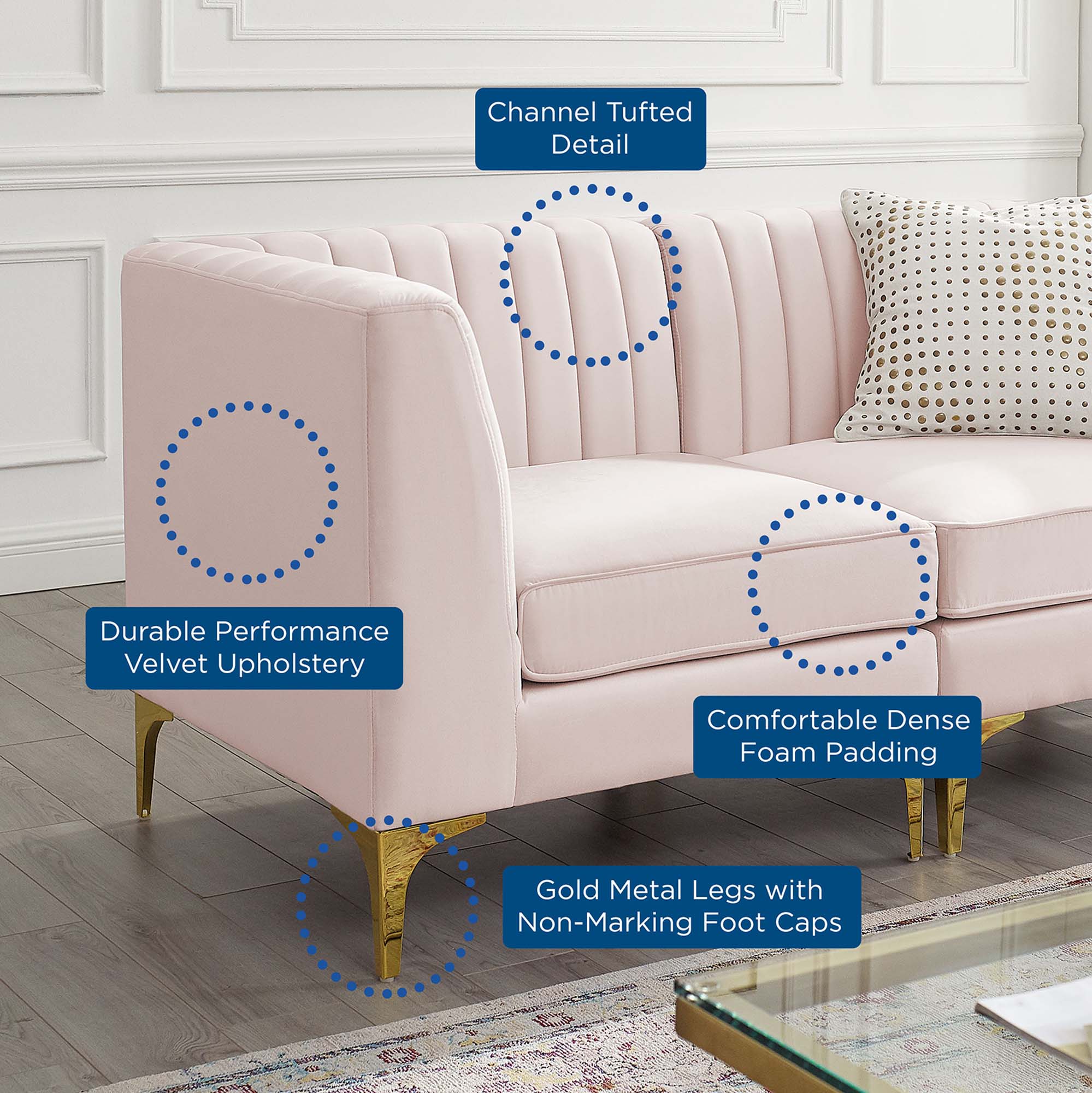 Channel Tufted Performance Velvet Sectional Sofa Loveseat 63 Inch - Image 14