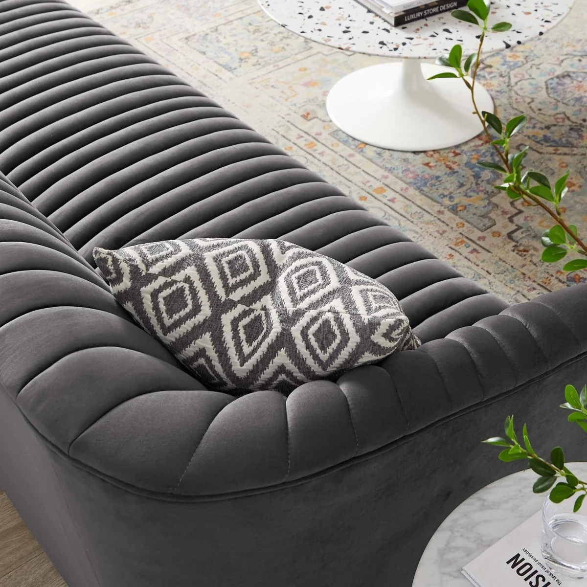 Channel Tufted Performance Velvet Sofa in Charcoal - Image 2