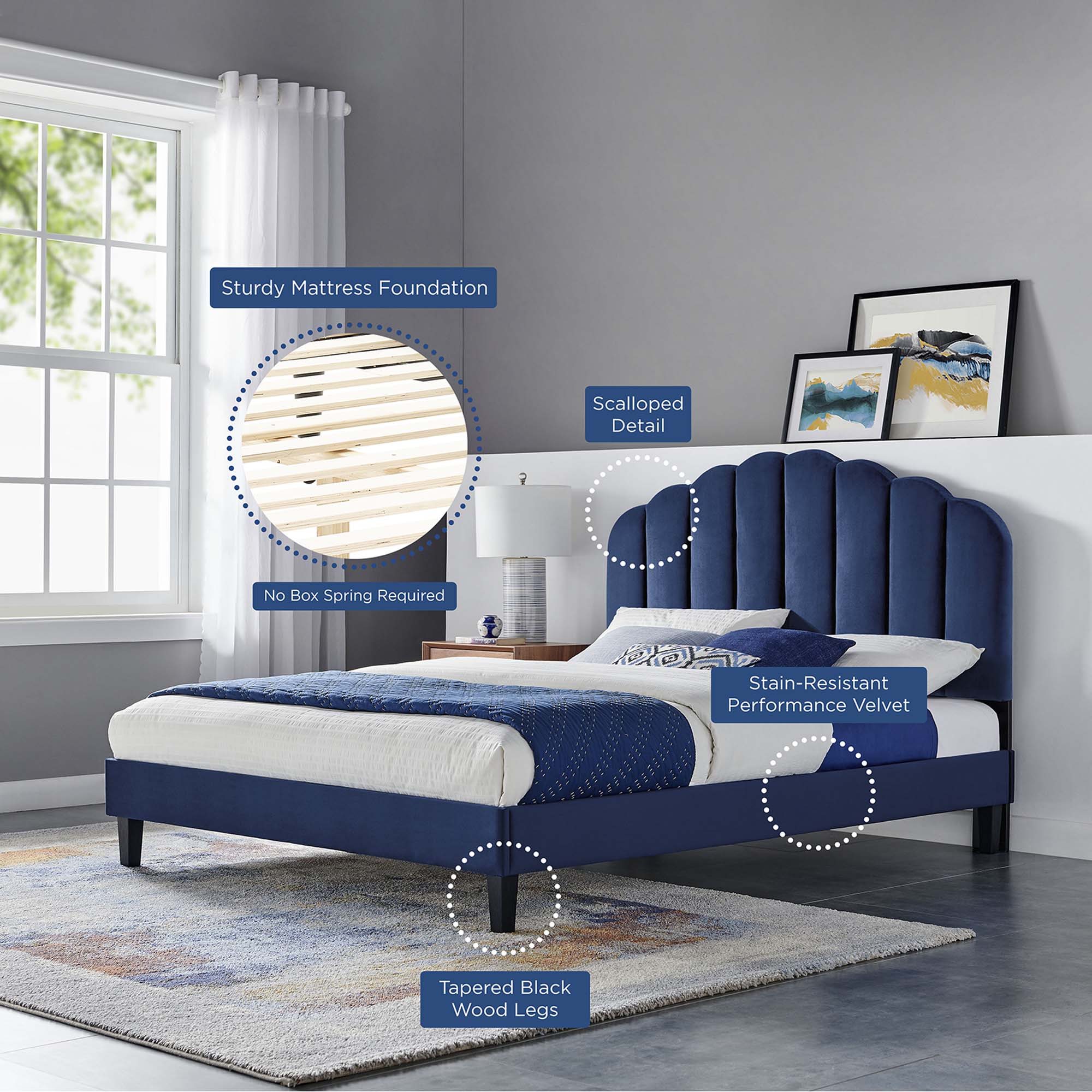 Channel Tufted Scalloped Performance Velvet Platform Bed - Image 34