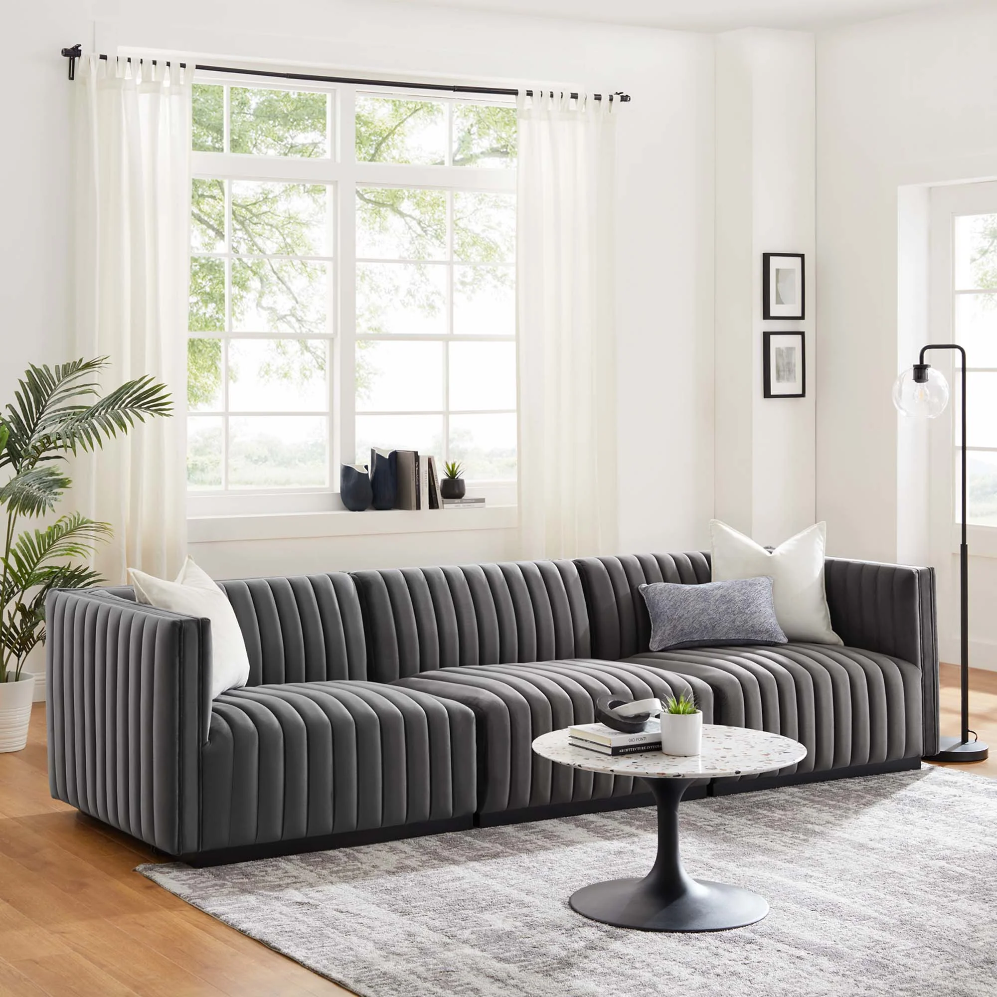 Channel Tufted Upholstered Fabric Sofa - 119 Inch - Image 18