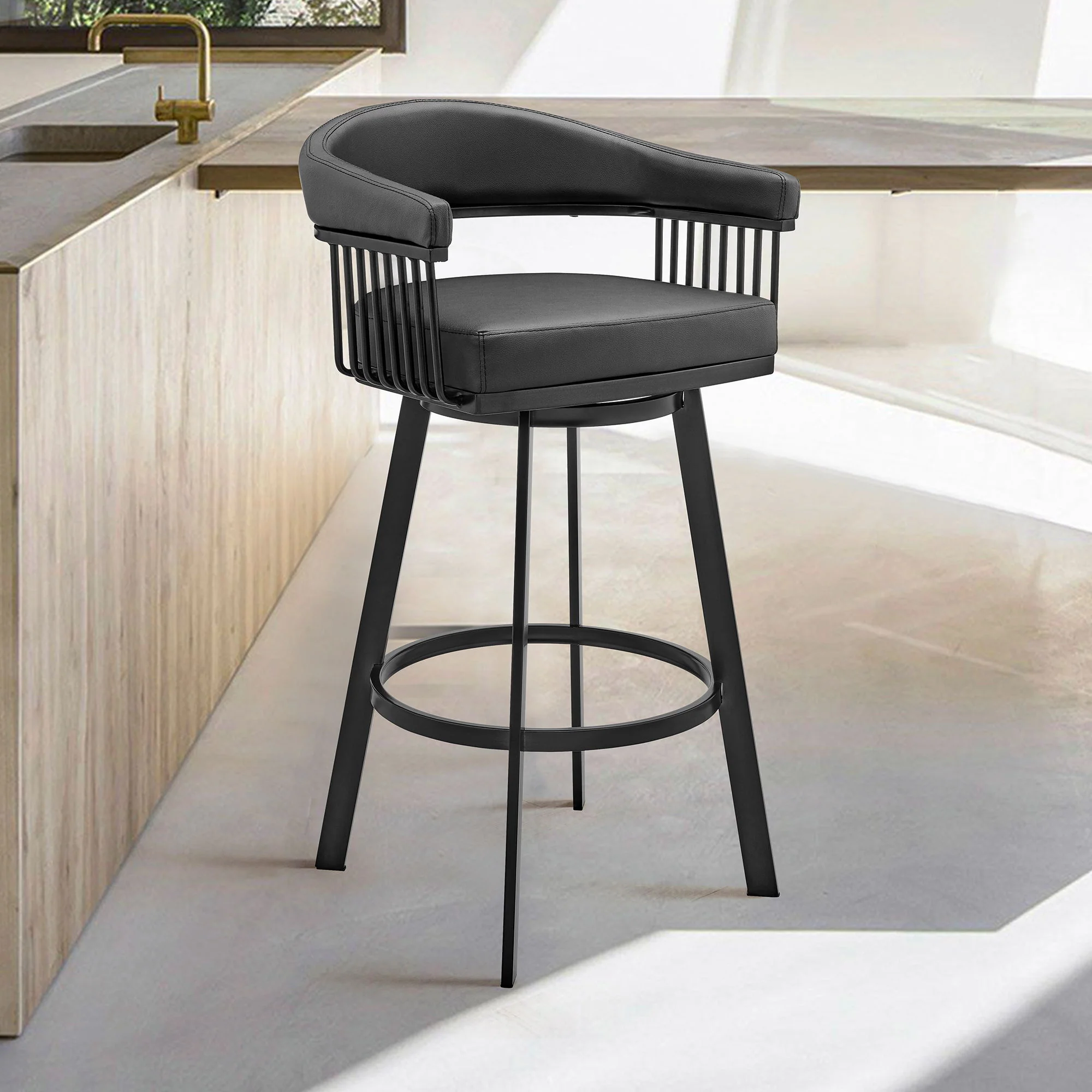 Chelsea - 25" Counter Height Swivel Bar Stool - Black Finish And Black Faux Leather - Image 3