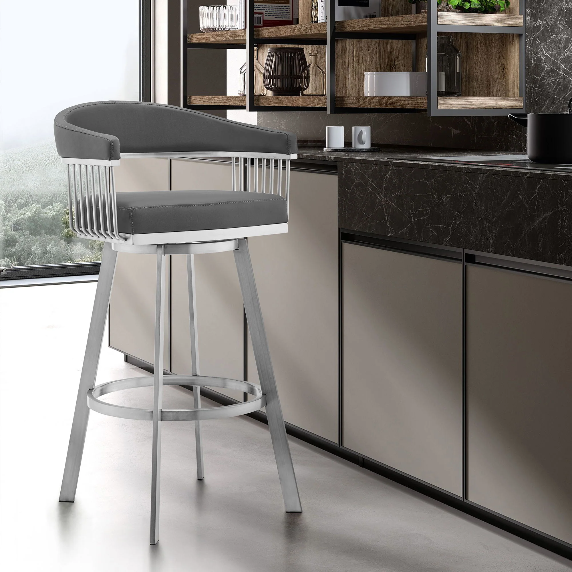 Chelsea - 25" Gray Faux Leather And Brushed Stainless Steel Swivel Bar Stool - Image 3